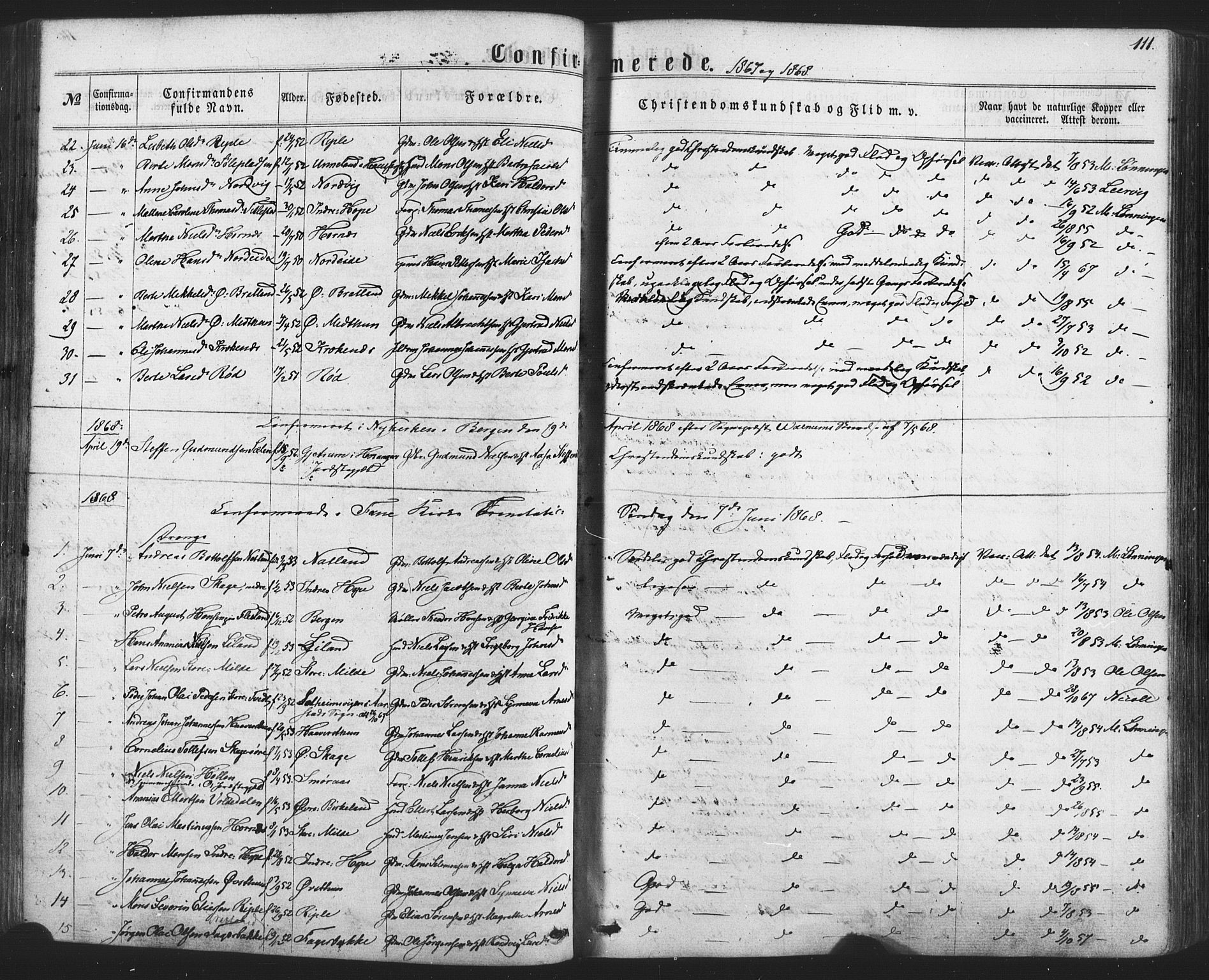 Fana Sokneprestembete, SAB/A-75101/H/Haa/Haaa/L0012: Parish register (official) no. A 12, 1862-1878, p. 111