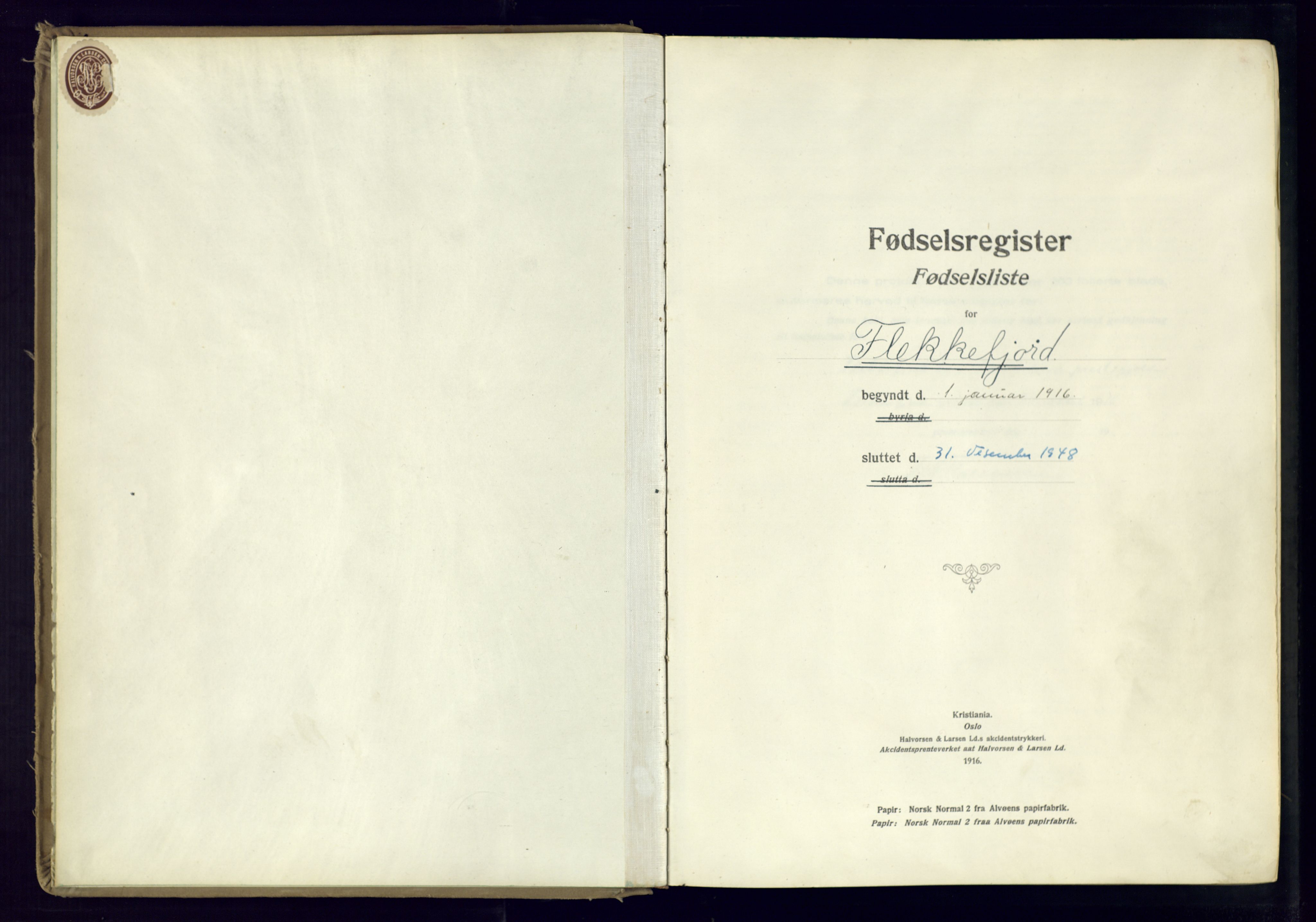 Flekkefjord sokneprestkontor, SAK/1111-0012/J/Ja/L0001: Birth register no. 1, 1916-1948