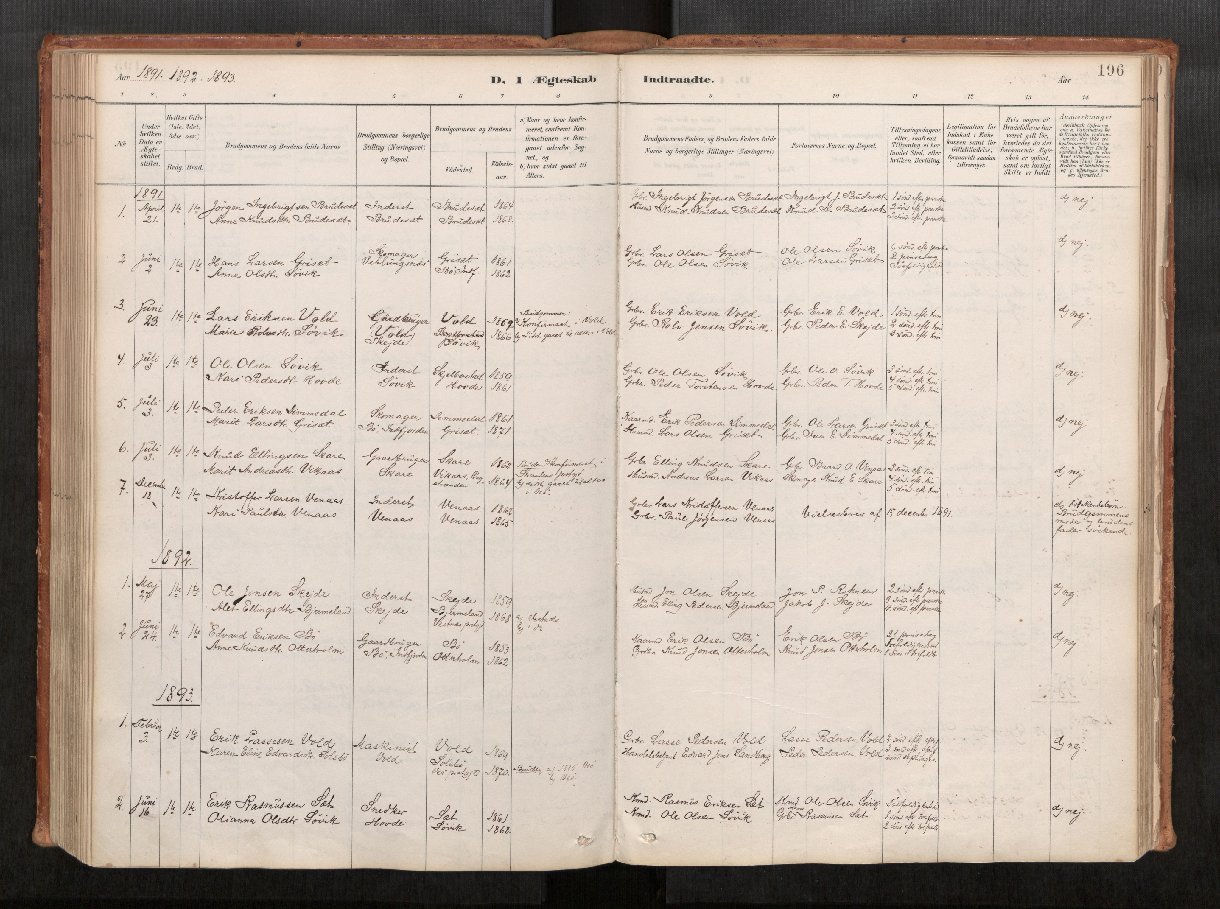 Ministerialprotokoller, klokkerbøker og fødselsregistre - Møre og Romsdal, SAT/A-1454/543/L0568: Parish register (official) no. 543A03, 1885-1915, p. 196