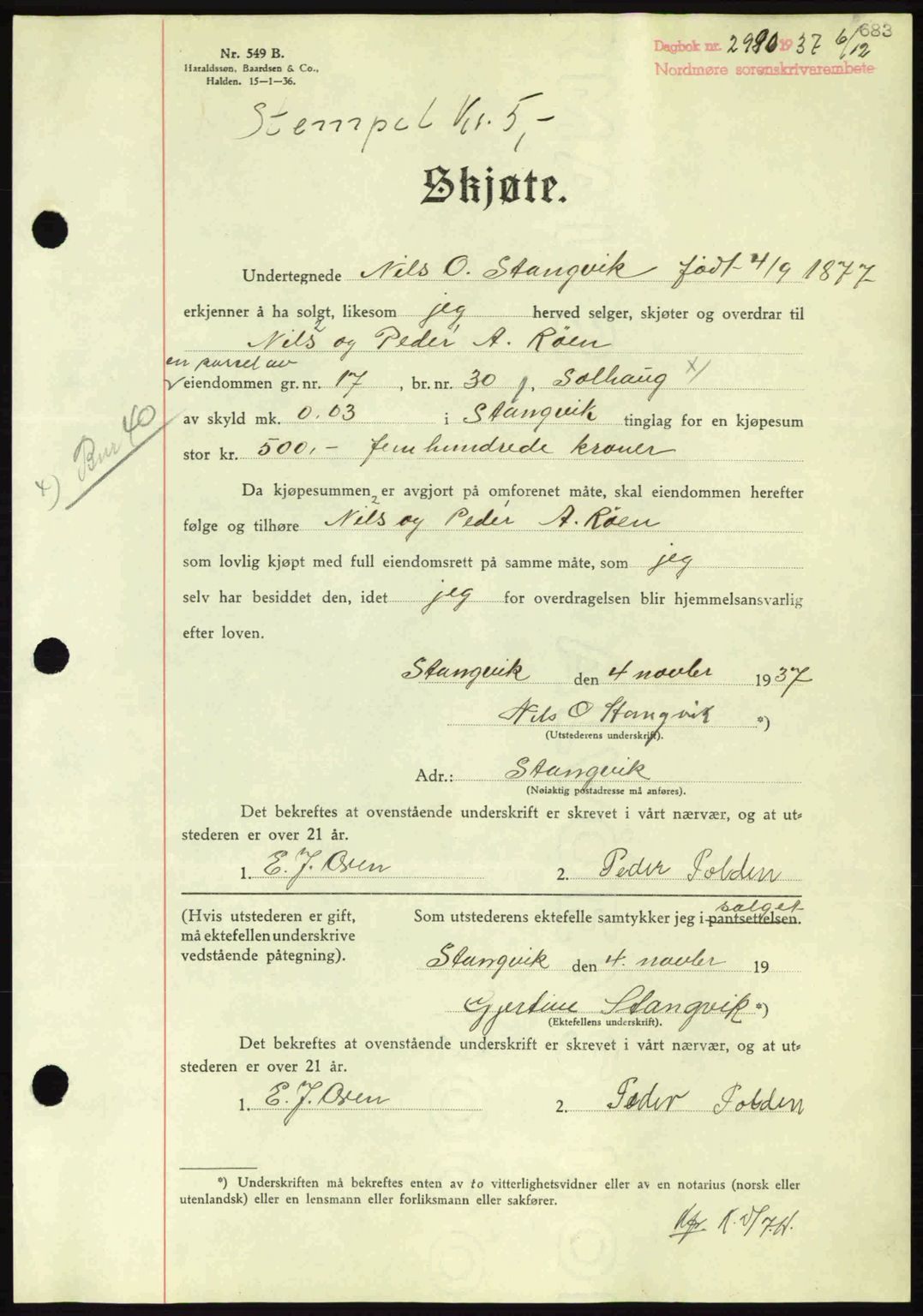 Nordmøre sorenskriveri, SAT/A-4132/1/2/2Ca: Mortgage book no. A82, 1937-1938, Diary no: : 2990/1937