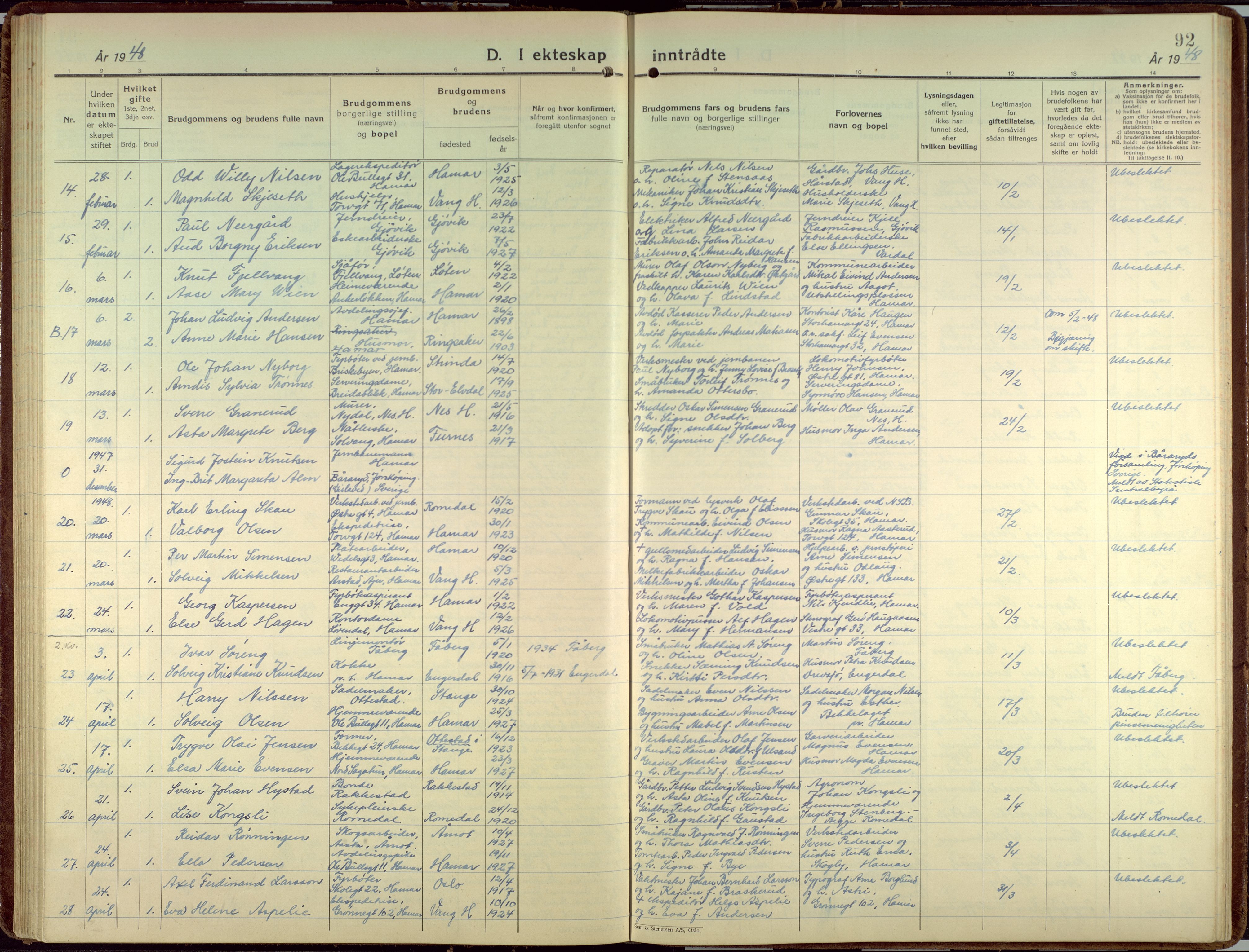 Hamar prestekontor, AV/SAH-DOMPH-002/H/Ha/Haa/L0006: Parish register (official) no. 6, 1931-1953, p. 92