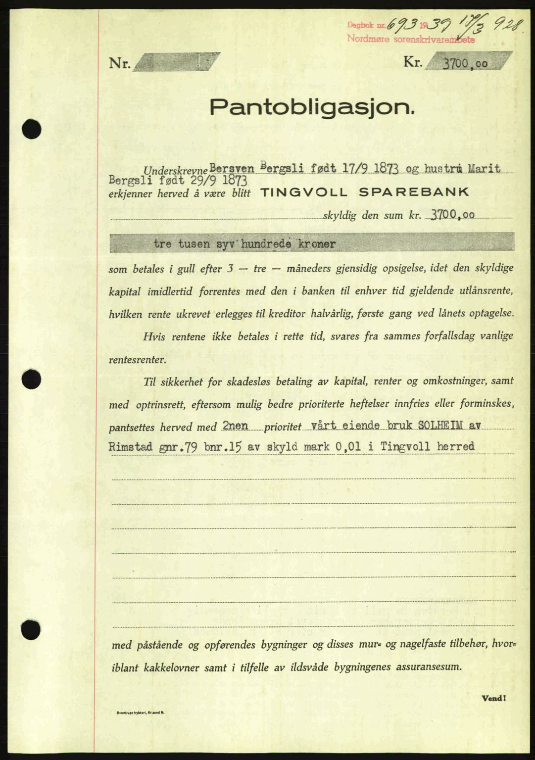 Nordmøre sorenskriveri, SAT/A-4132/1/2/2Ca: Mortgage book no. B84, 1938-1939, Diary no: : 693/1939