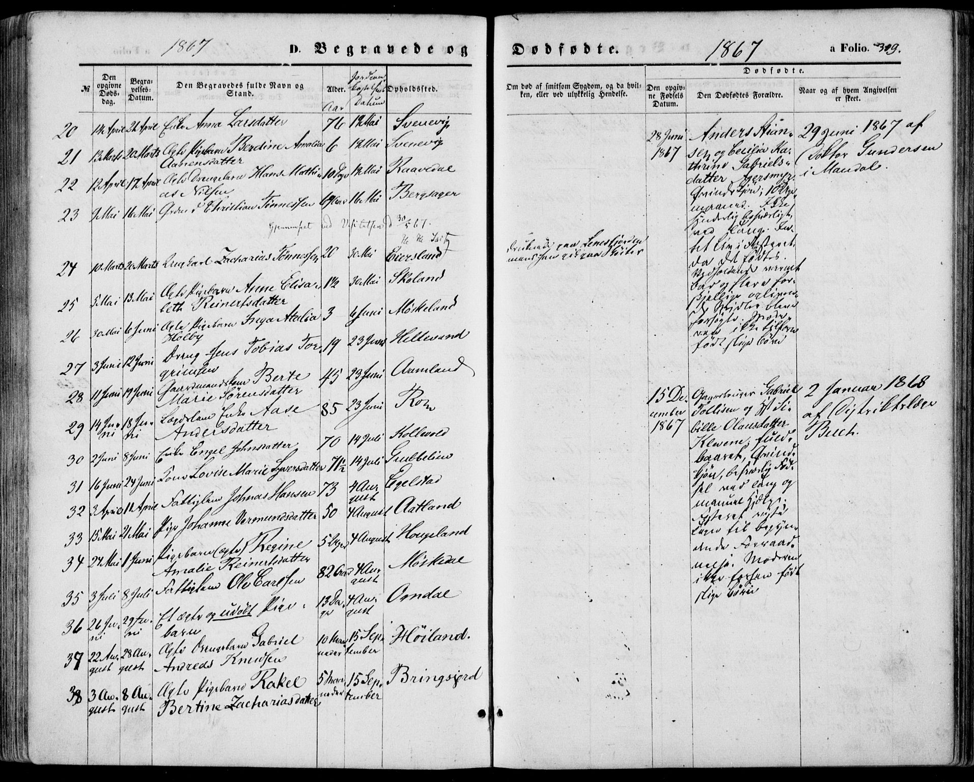 Lyngdal sokneprestkontor, SAK/1111-0029/F/Fa/Fac/L0010: Parish register (official) no. A 10, 1865-1878, p. 309