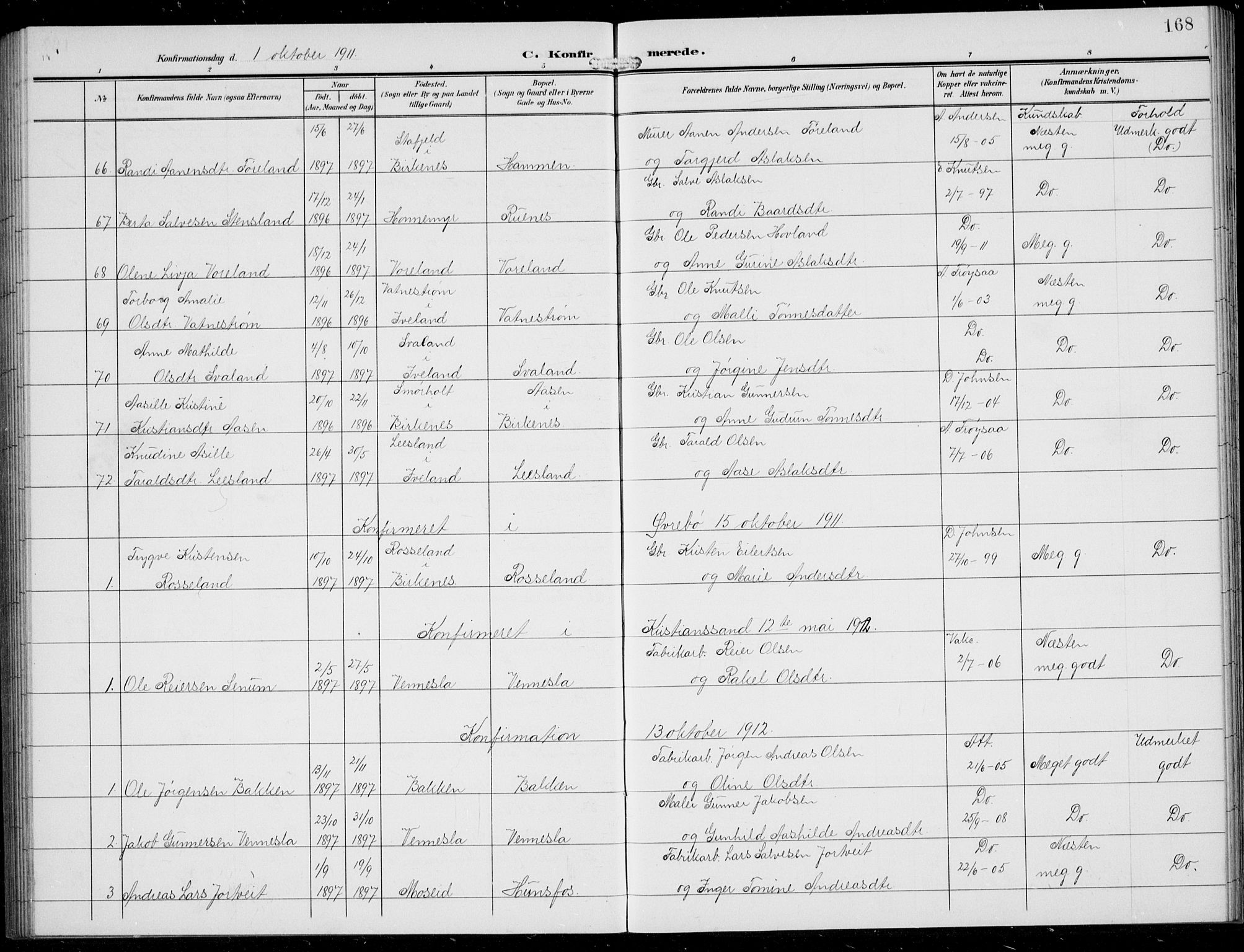 Vennesla sokneprestkontor, SAK/1111-0045/Fb/Fbb/L0005: Parish register (copy) no. B 5, 1903-1913, p. 168