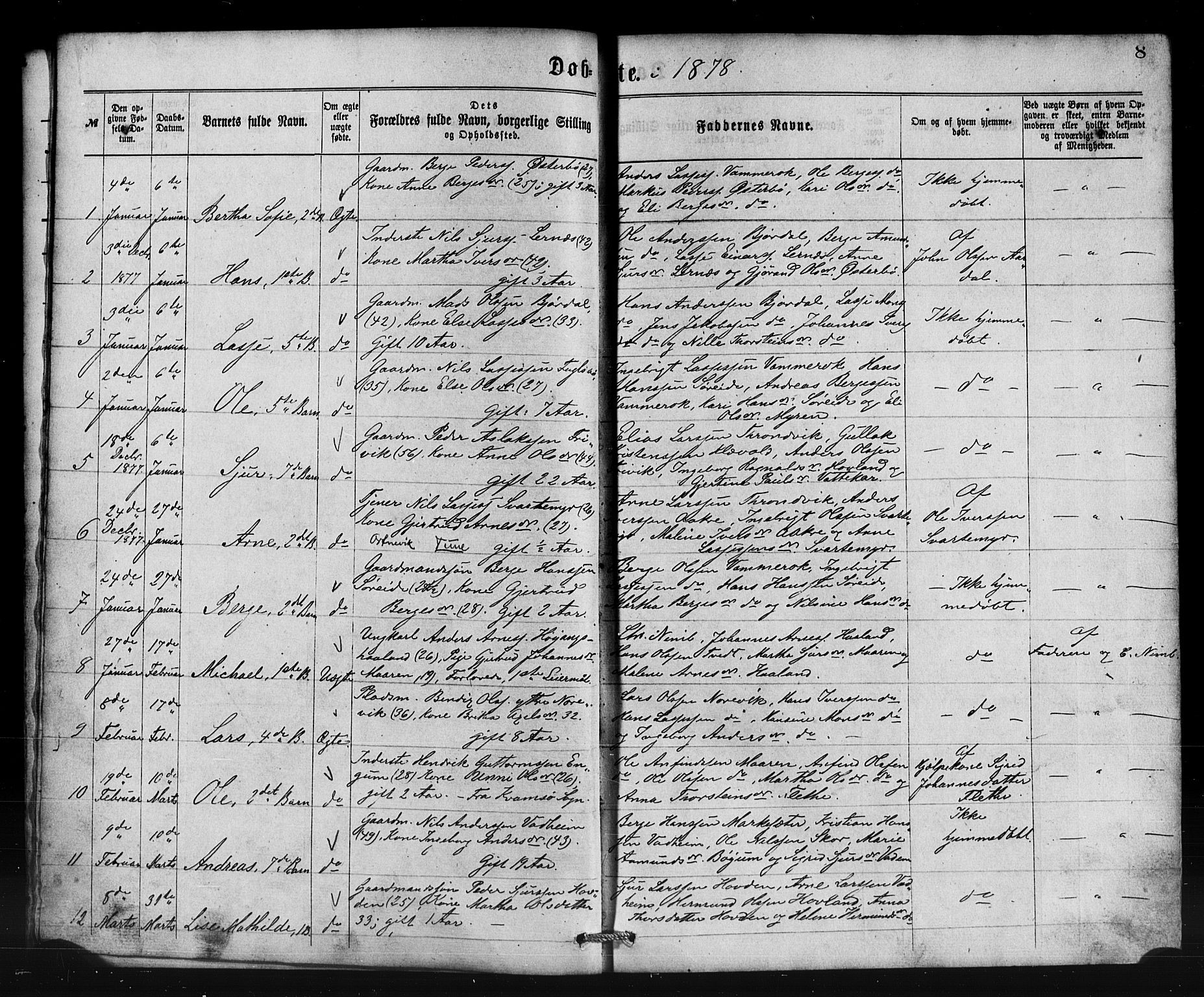 Lavik sokneprestembete, AV/SAB-A-80901: Parish register (copy) no. B 2, 1870-1881, p. 8