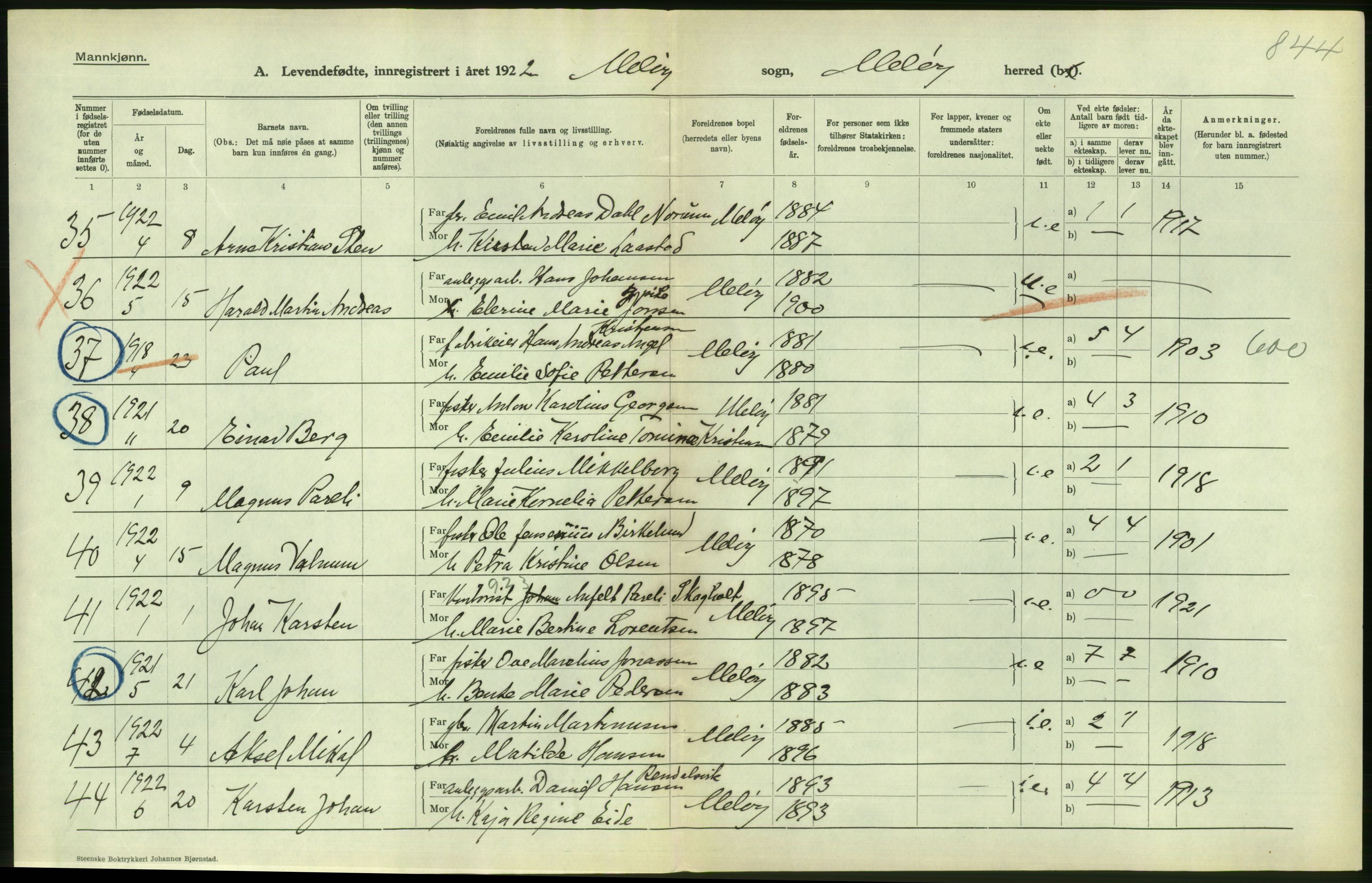 Statistisk sentralbyrå, Sosiodemografiske emner, Befolkning, AV/RA-S-2228/D/Df/Dfc/Dfcb/L0044: Nordland fylke: Levendefødte menn og kvinner. Bygder og byer., 1922, p. 460