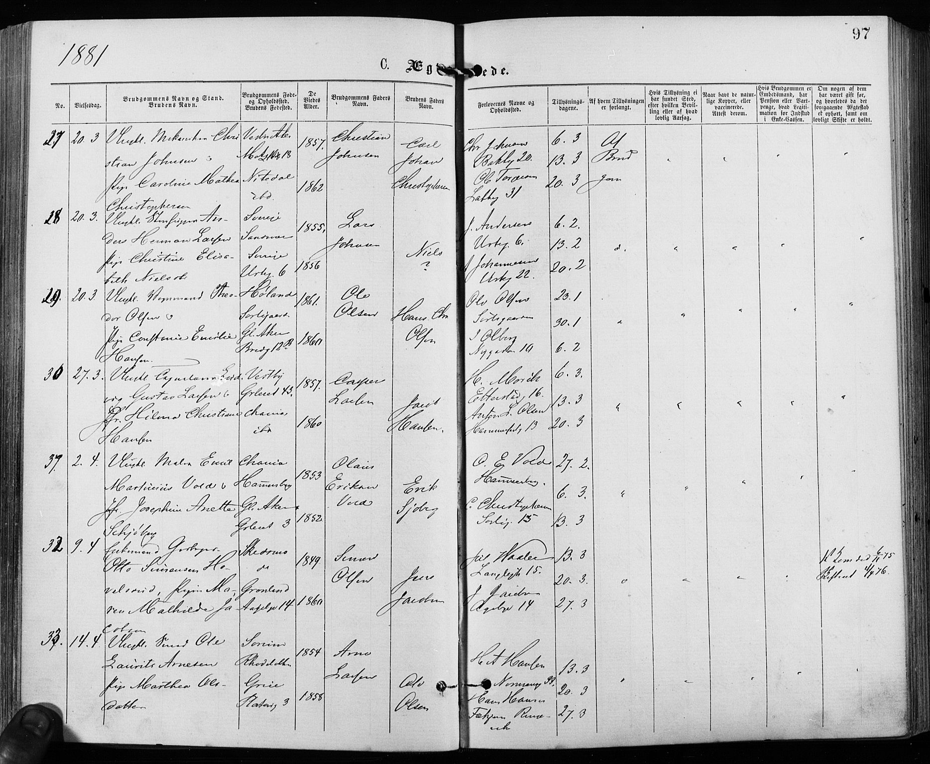 Grønland prestekontor Kirkebøker, SAO/A-10848/F/Fa/L0006: Parish register (official) no. 6, 1877-1886, p. 97