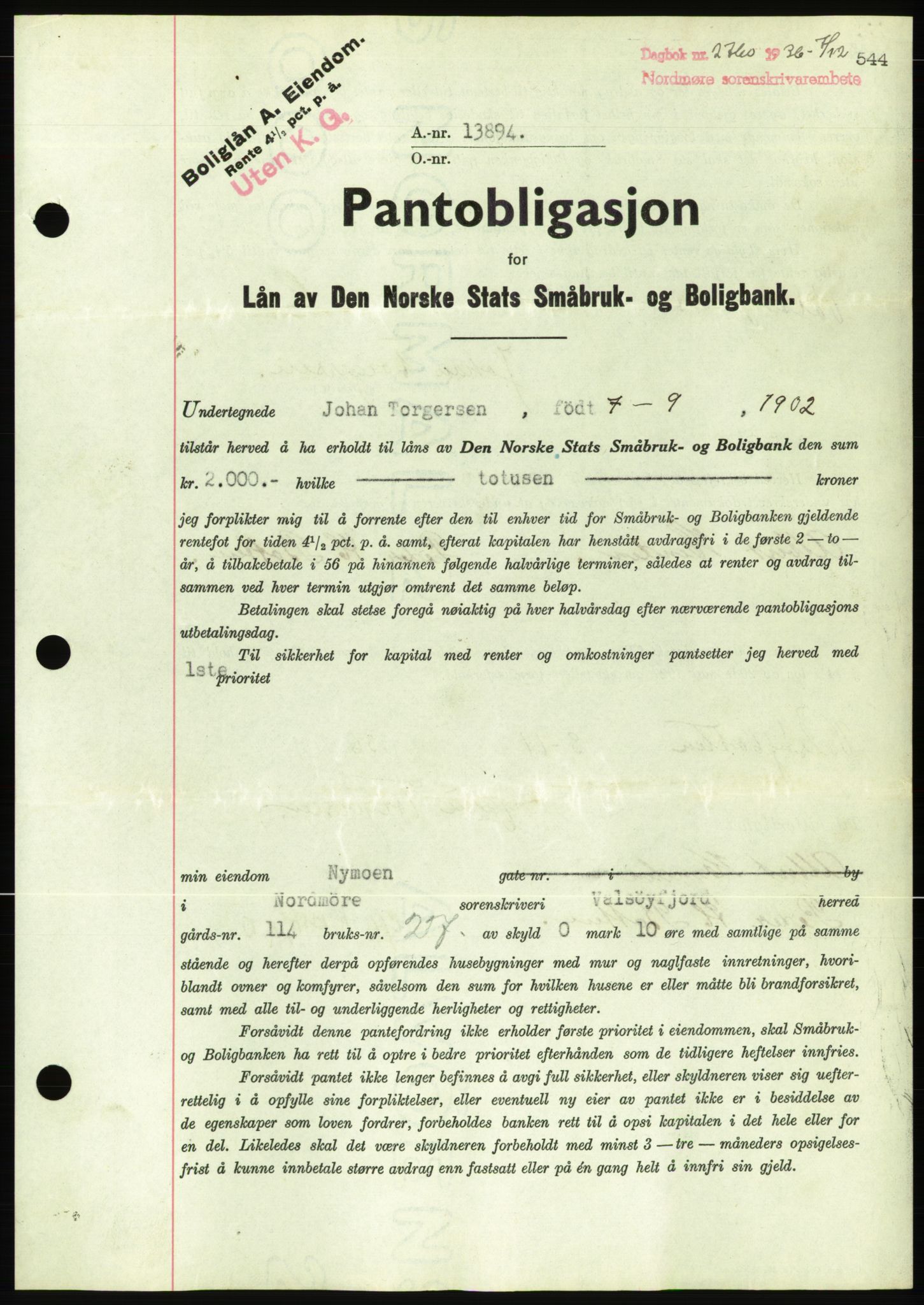 Nordmøre sorenskriveri, AV/SAT-A-4132/1/2/2Ca/L0090: Mortgage book no. B80, 1936-1937, Diary no: : 2760/1936