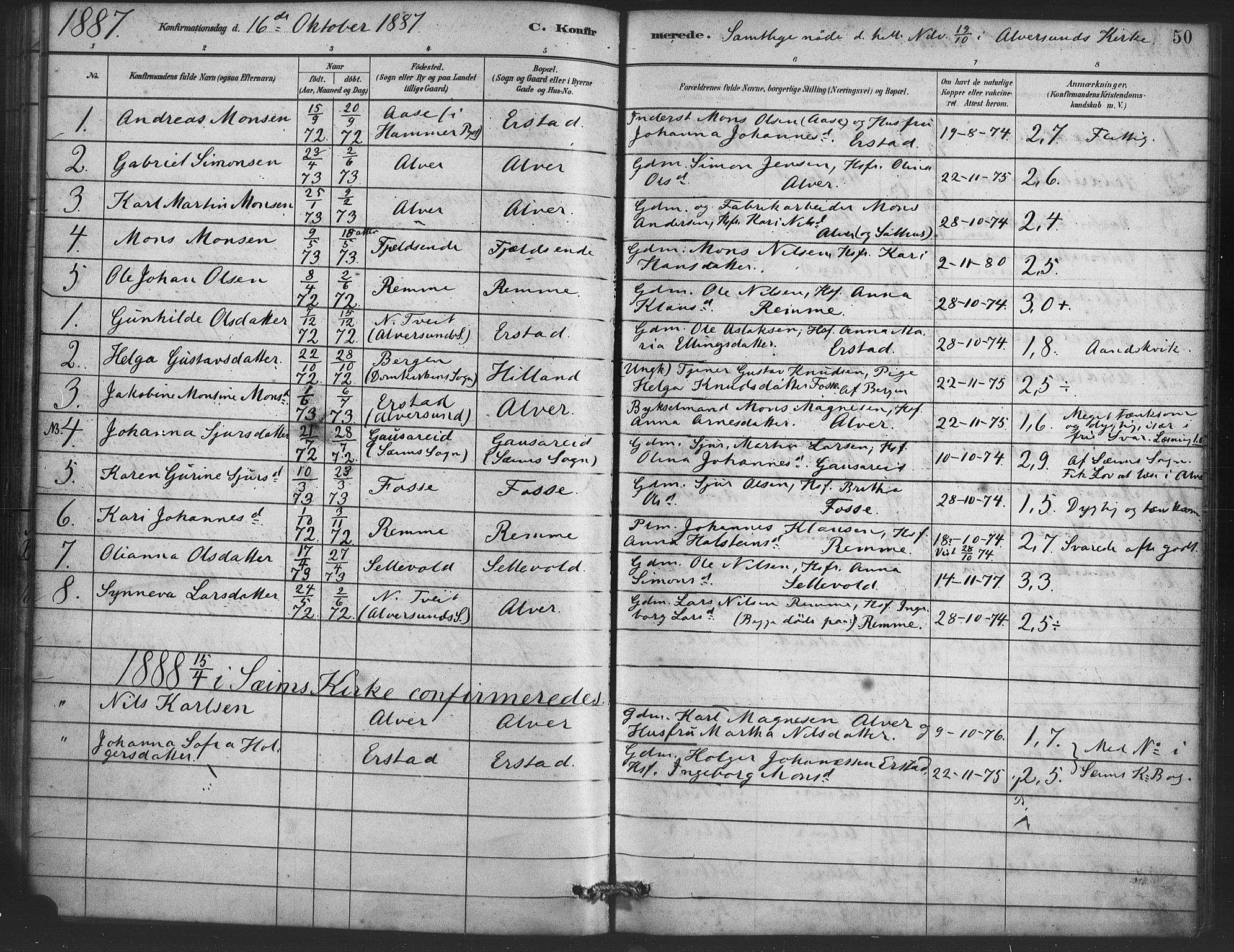 Alversund Sokneprestembete, AV/SAB-A-73901/H/Ha/Haa/Haaa/L0001: Parish register (official) no. A 1, 1882-1896, p. 50