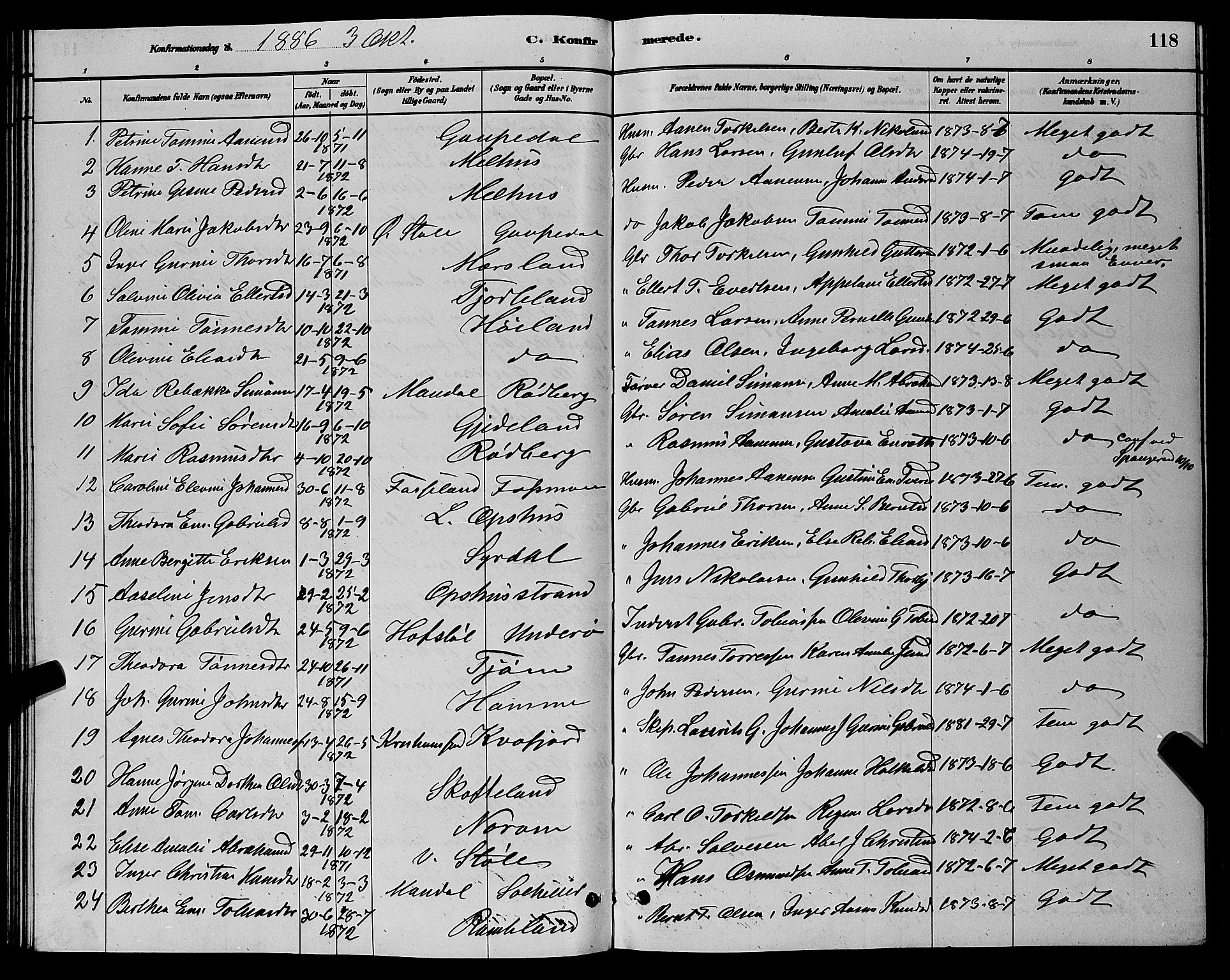 Sør-Audnedal sokneprestkontor, AV/SAK-1111-0039/F/Fb/Fbb/L0005: Parish register (copy) no. B 5, 1880-1892, p. 118