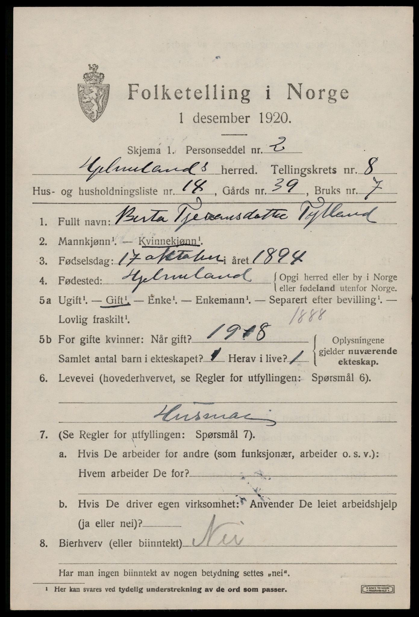 SAST, 1920 census for Hjelmeland, 1920, p. 2677