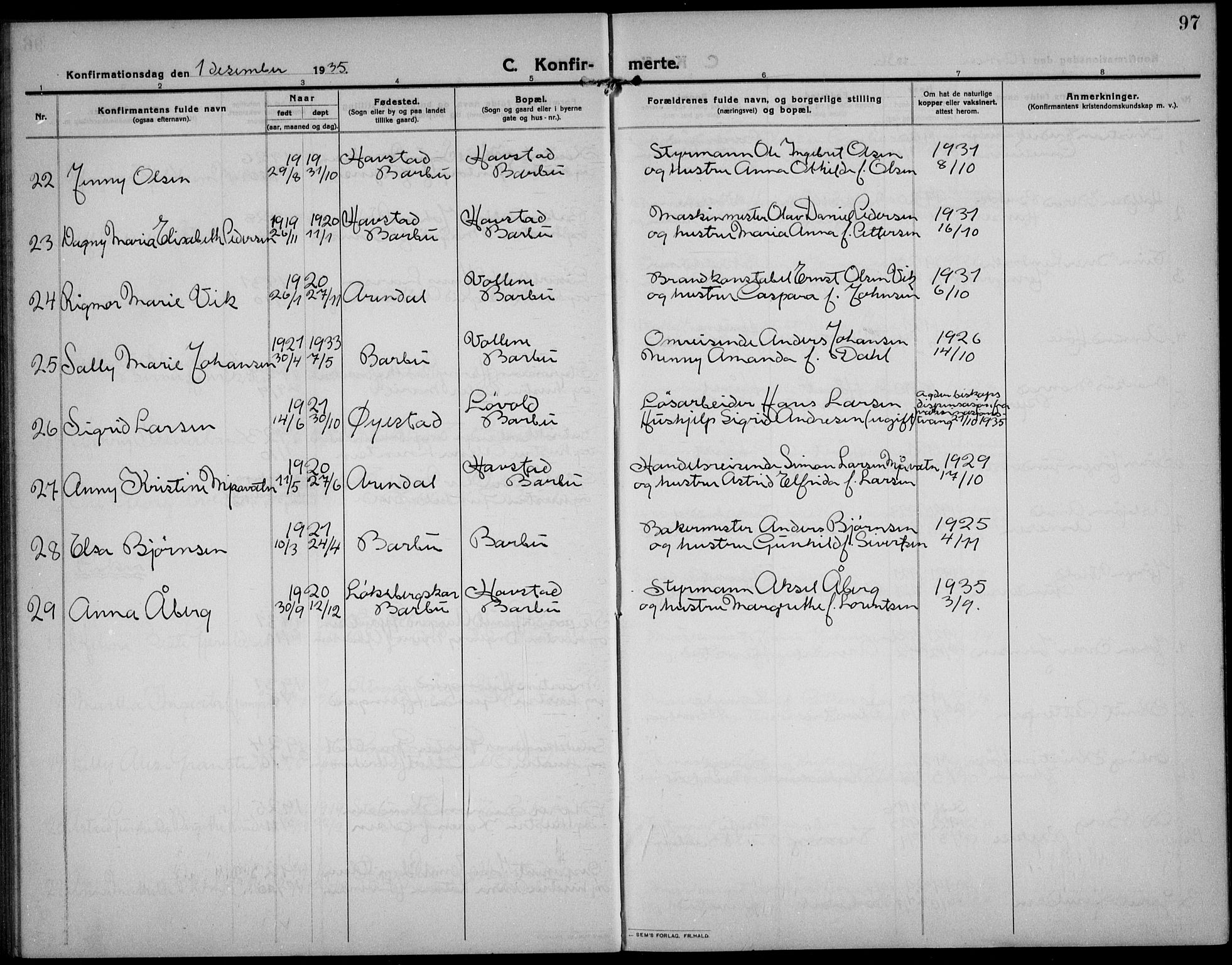 Barbu sokneprestkontor, AV/SAK-1111-0003/F/Fb/L0004: Parish register (copy) no. B 4, 1911-1936, p. 97