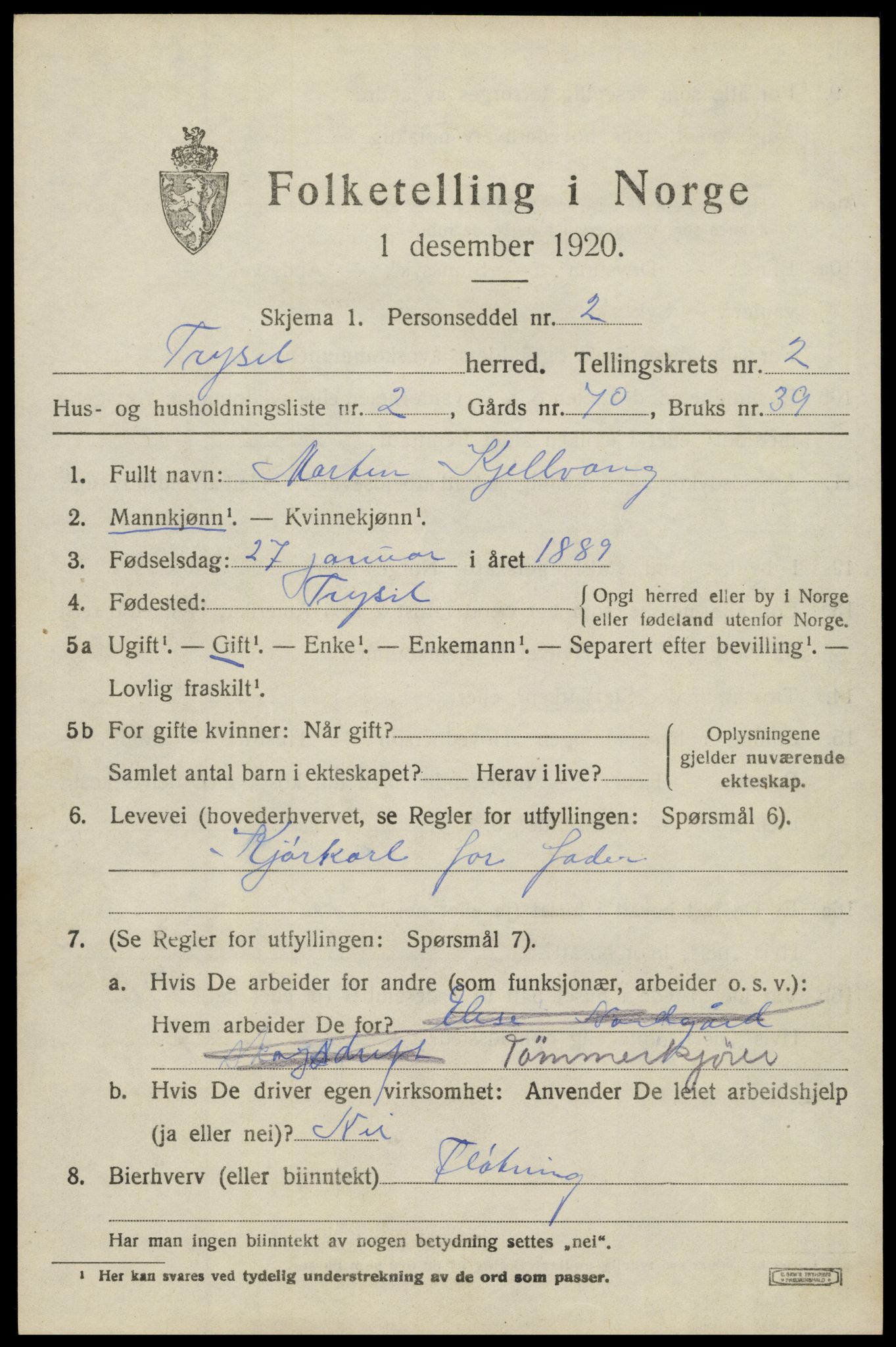 SAH, 1920 census for Trysil, 1920, p. 3101