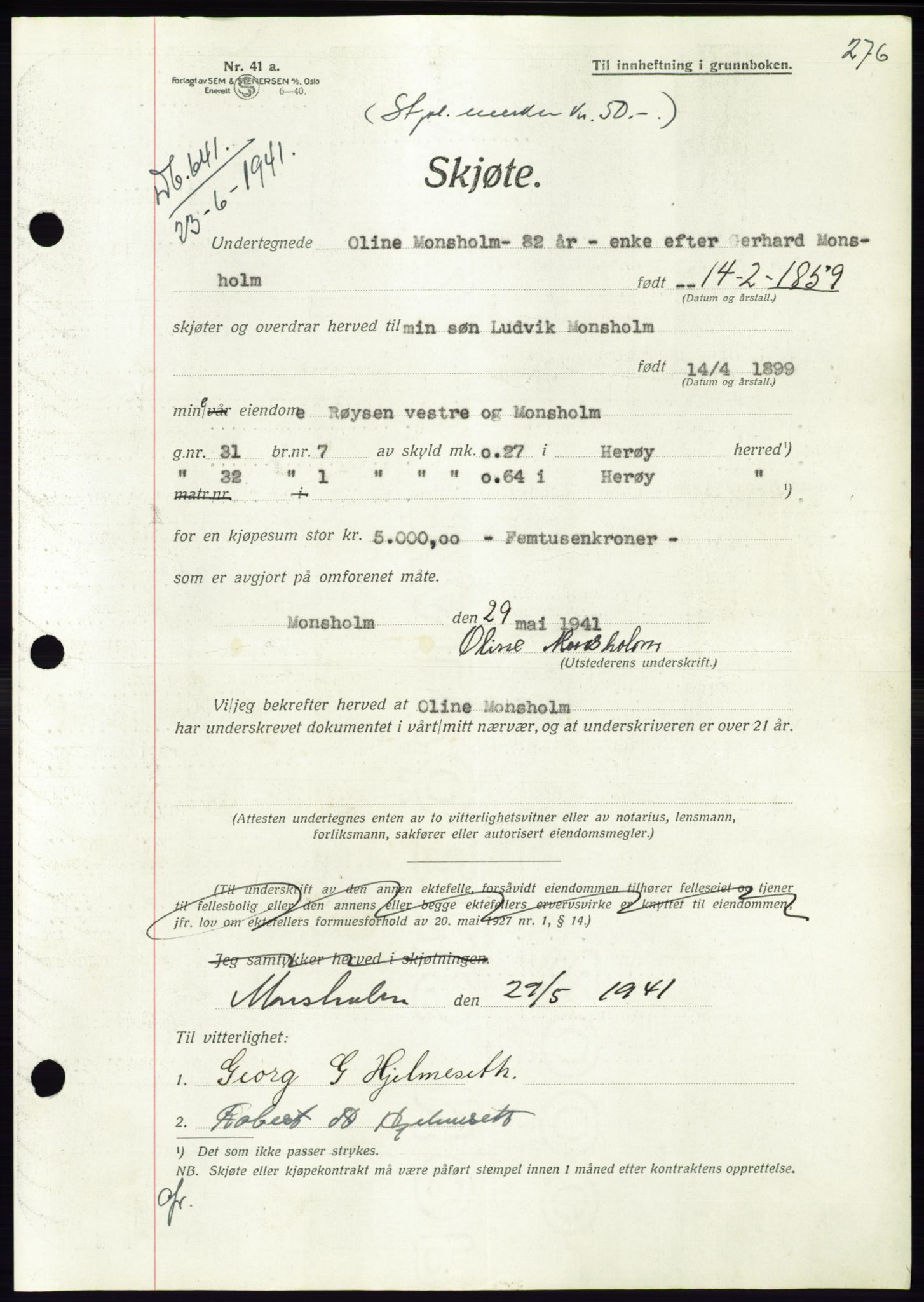 Søre Sunnmøre sorenskriveri, AV/SAT-A-4122/1/2/2C/L0071: Mortgage book no. 65, 1941-1941, Diary no: : 641/1941