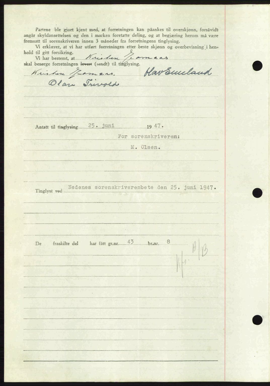 Nedenes sorenskriveri, AV/SAK-1221-0006/G/Gb/Gba/L0057: Mortgage book no. A9, 1947-1947, Diary no: : 848/1947