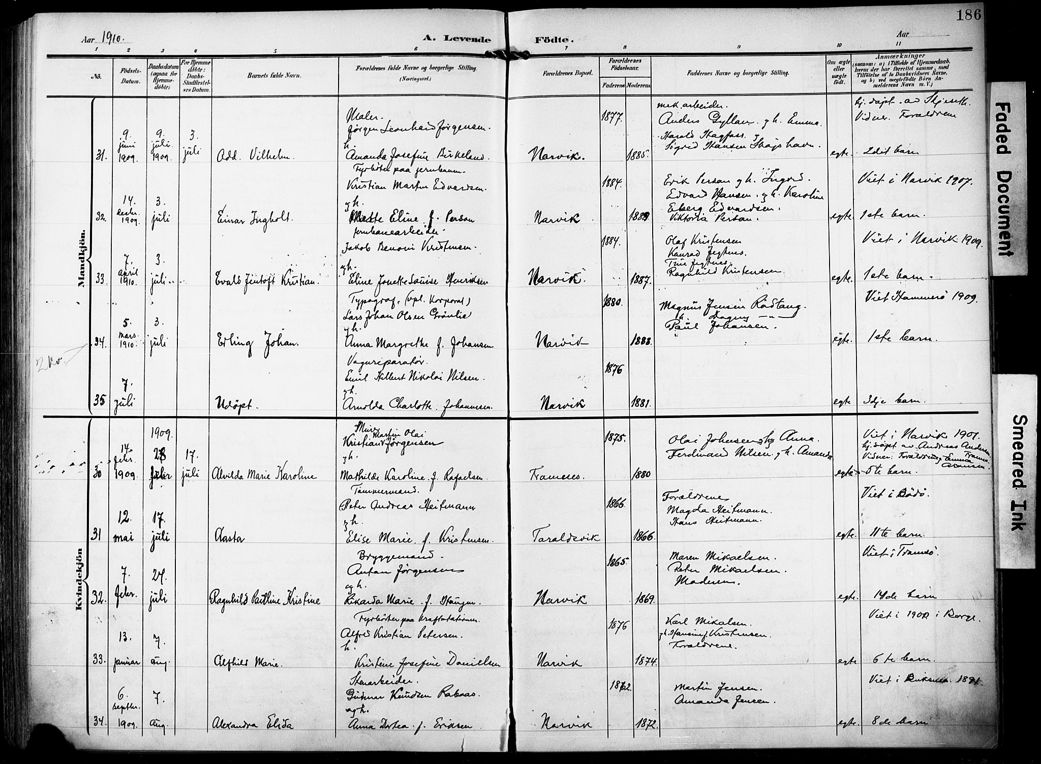 Ministerialprotokoller, klokkerbøker og fødselsregistre - Nordland, AV/SAT-A-1459/871/L0994: Parish register (official) no. 871A10, 1902-1910, p. 186