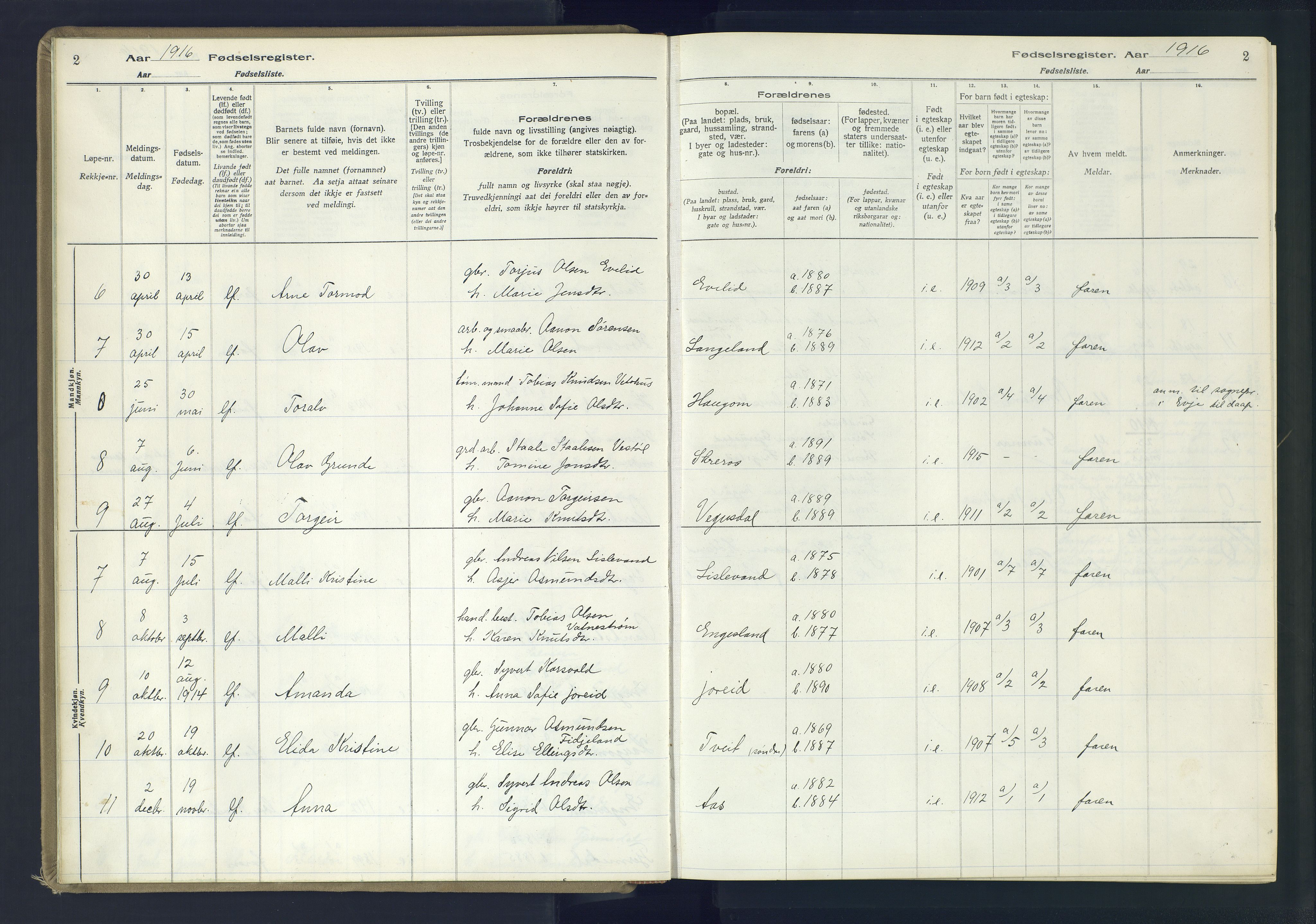 Herefoss sokneprestkontor, AV/SAK-1111-0019/J/Ja/L0002: Birth register no. II.6.11, 1916-1982, p. 2