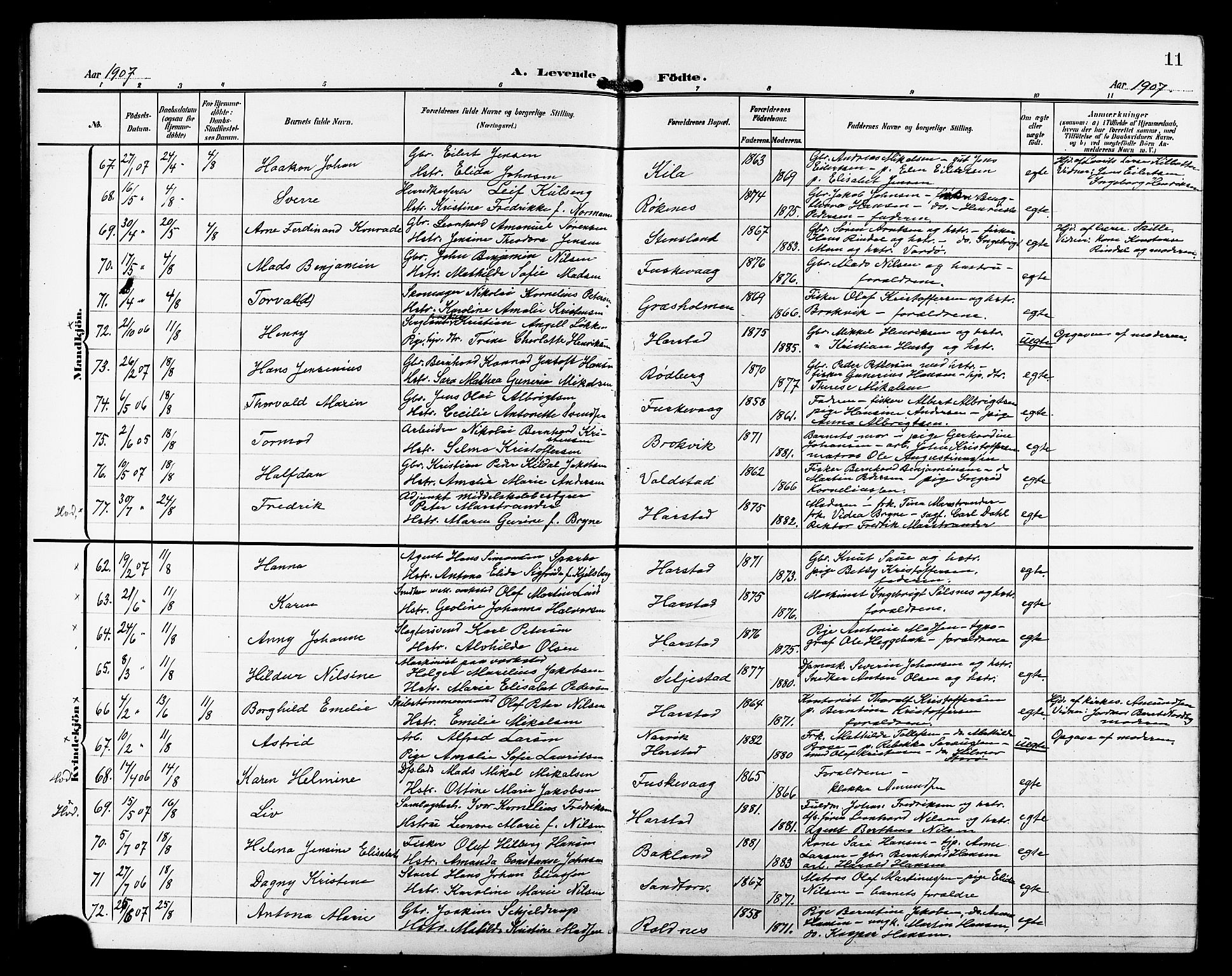 Trondenes sokneprestkontor, AV/SATØ-S-1319/H/Hb/L0012klokker: Parish register (copy) no. 12, 1907-1916, p. 11