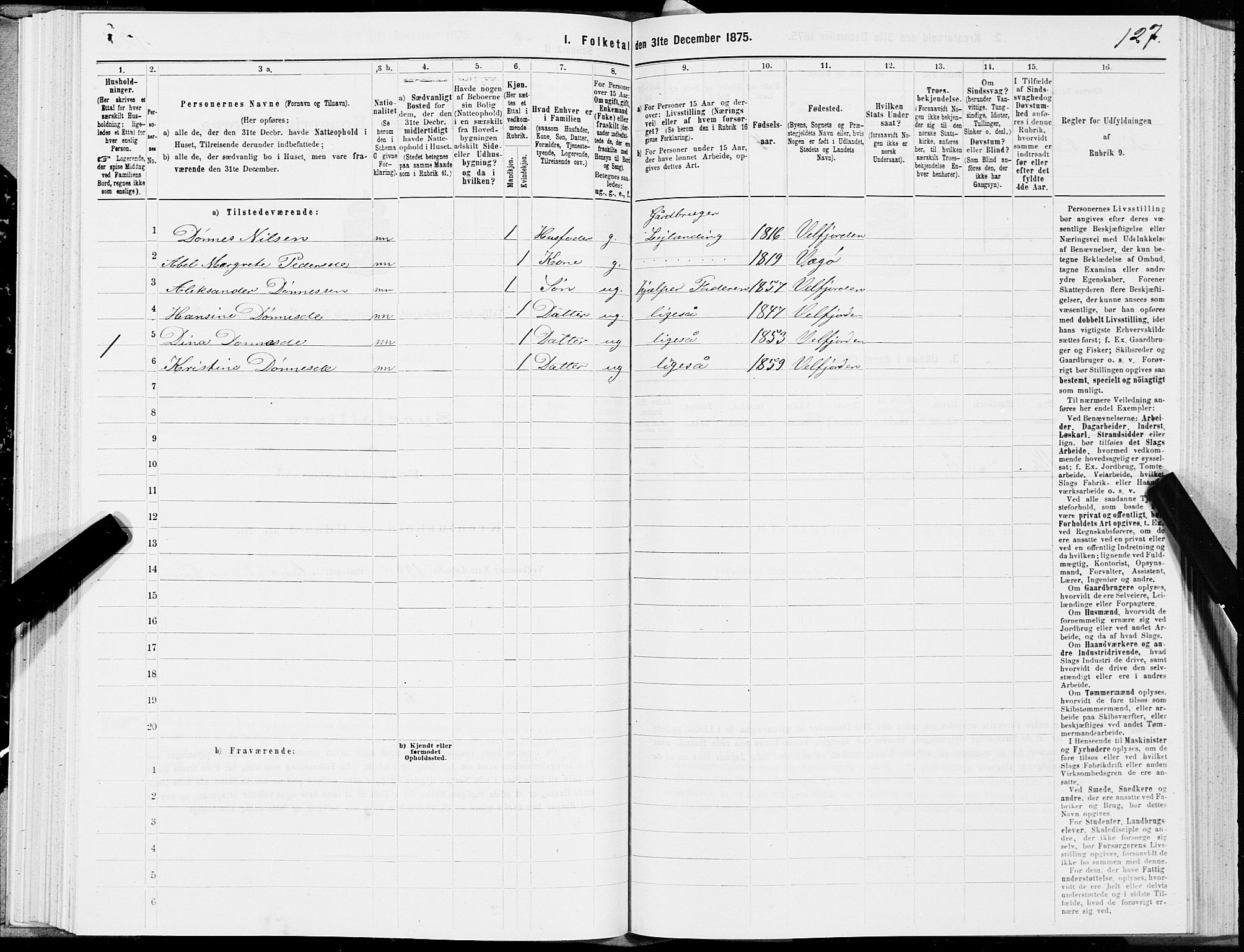 SAT, 1875 census for 1813P Velfjord, 1875, p. 1127