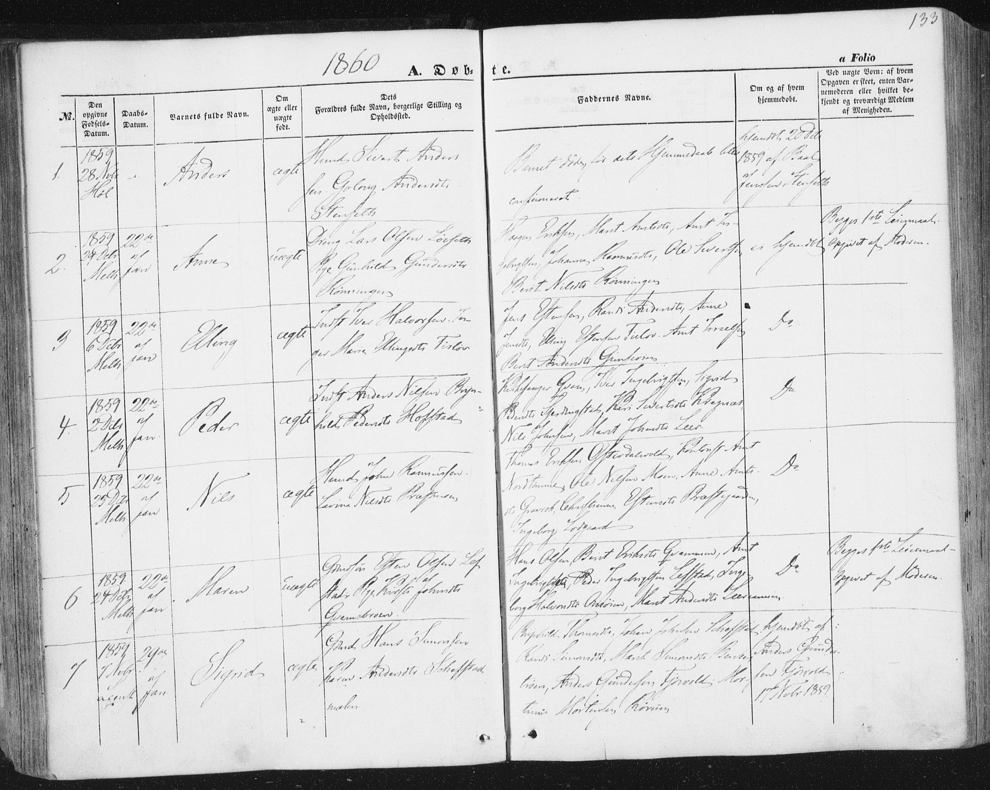 Ministerialprotokoller, klokkerbøker og fødselsregistre - Sør-Trøndelag, SAT/A-1456/691/L1076: Parish register (official) no. 691A08, 1852-1861, p. 133