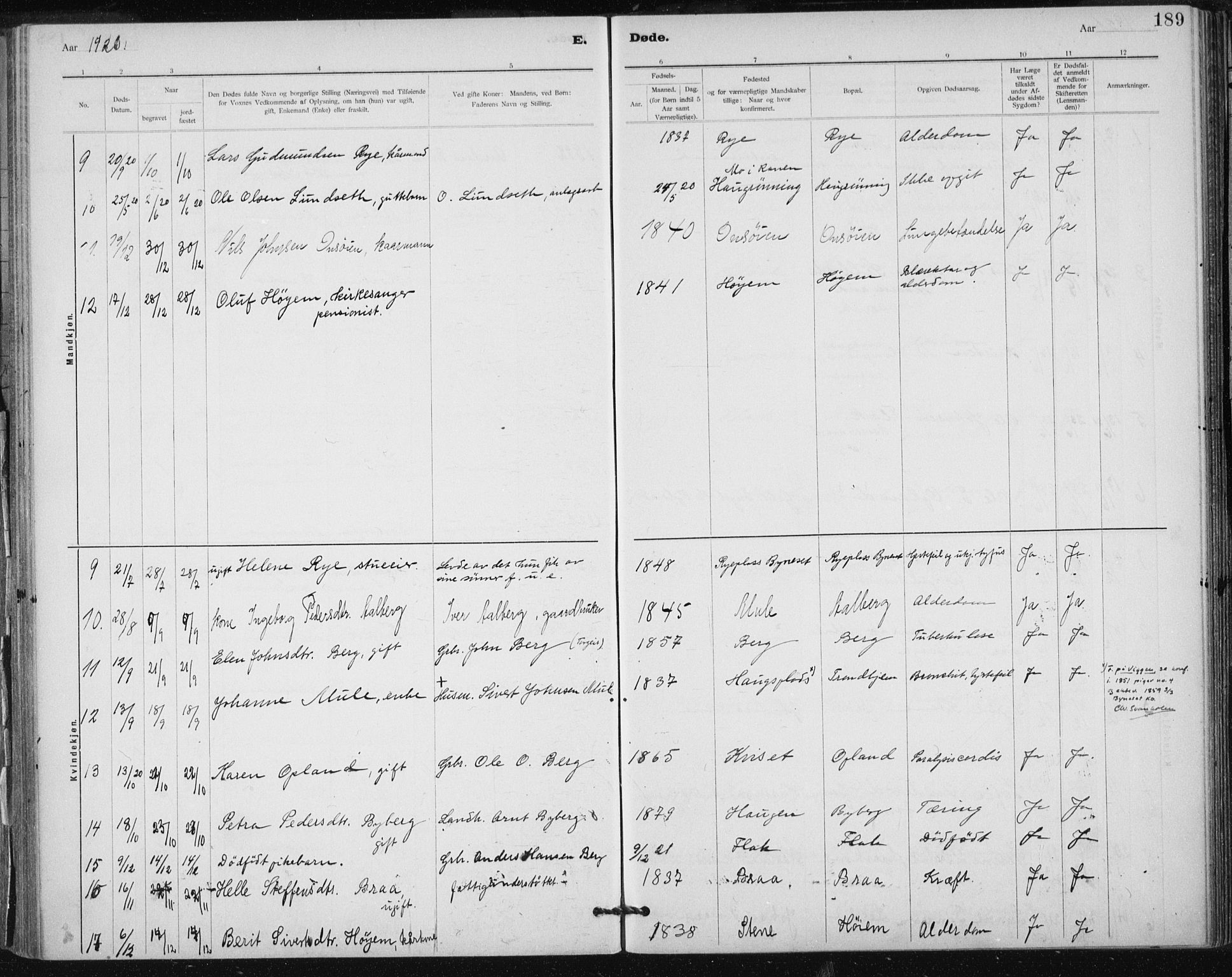 Ministerialprotokoller, klokkerbøker og fødselsregistre - Sør-Trøndelag, AV/SAT-A-1456/612/L0381: Parish register (official) no. 612A13, 1907-1923, p. 189