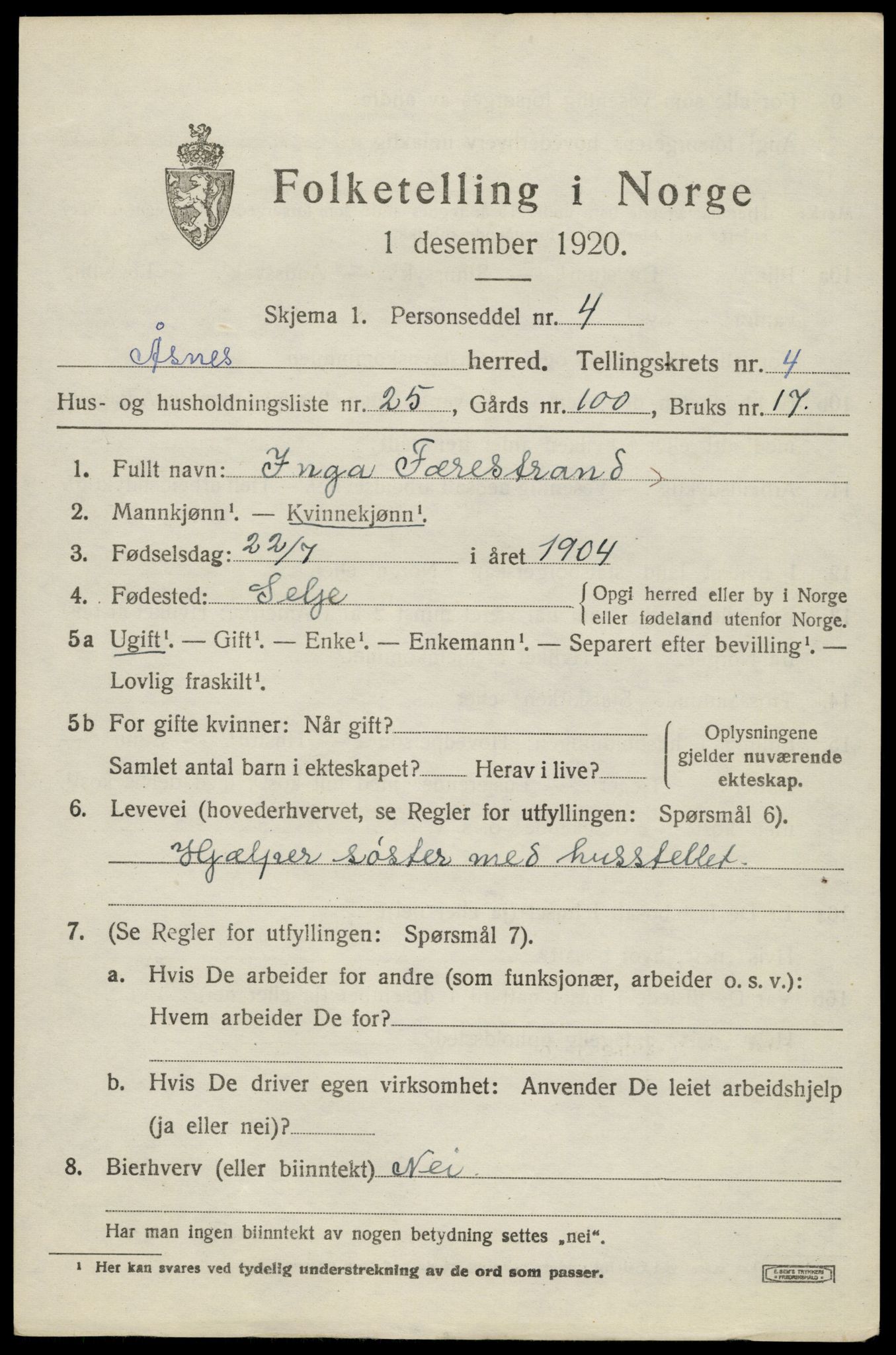 SAH, 1920 census for Åsnes, 1920, p. 5034