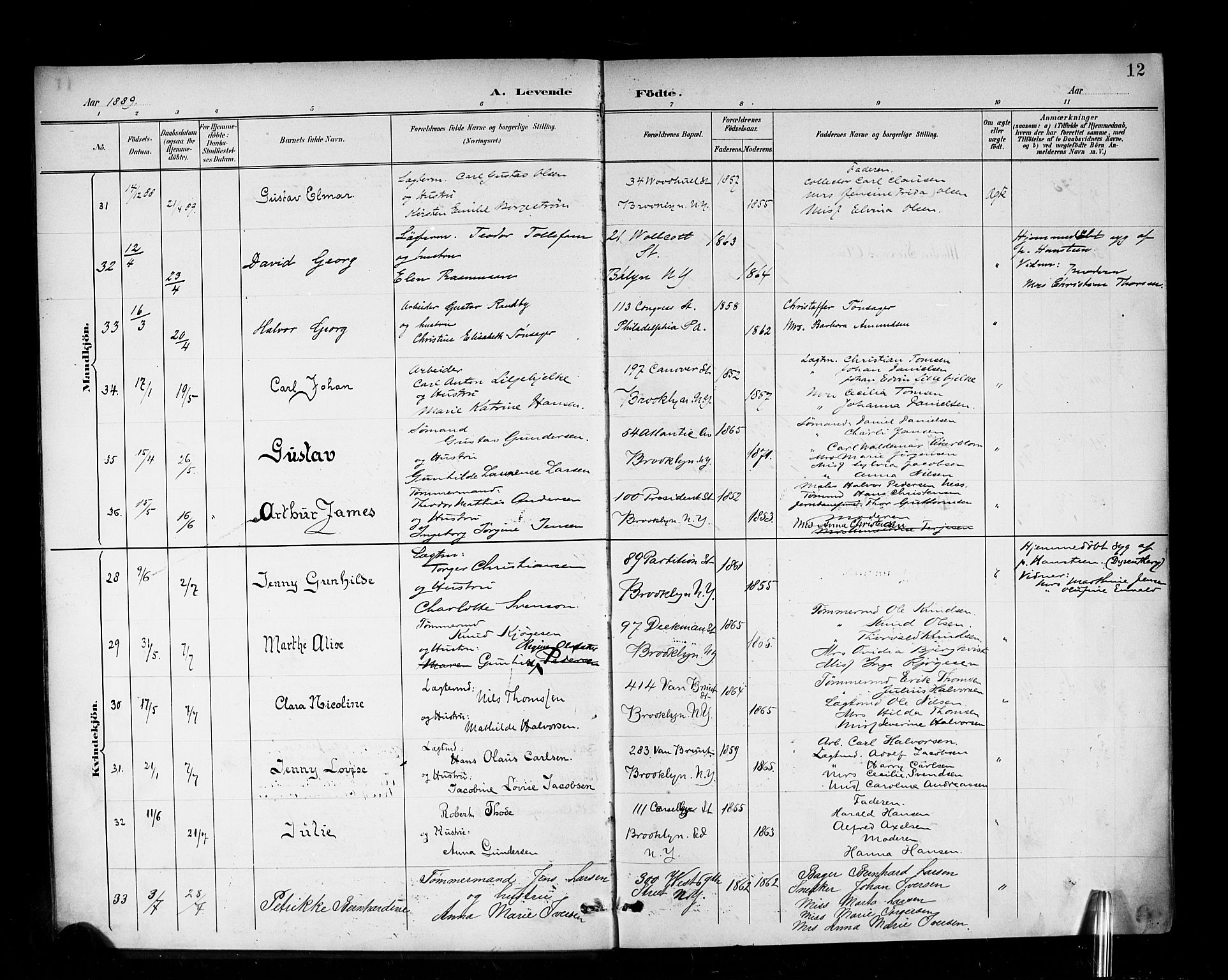 Den norske sjømannsmisjon i utlandet/New York, AV/SAB-SAB/PA-0110/H/Ha/L0003: Parish register (official) no. A 3, 1888-1893, p. 12