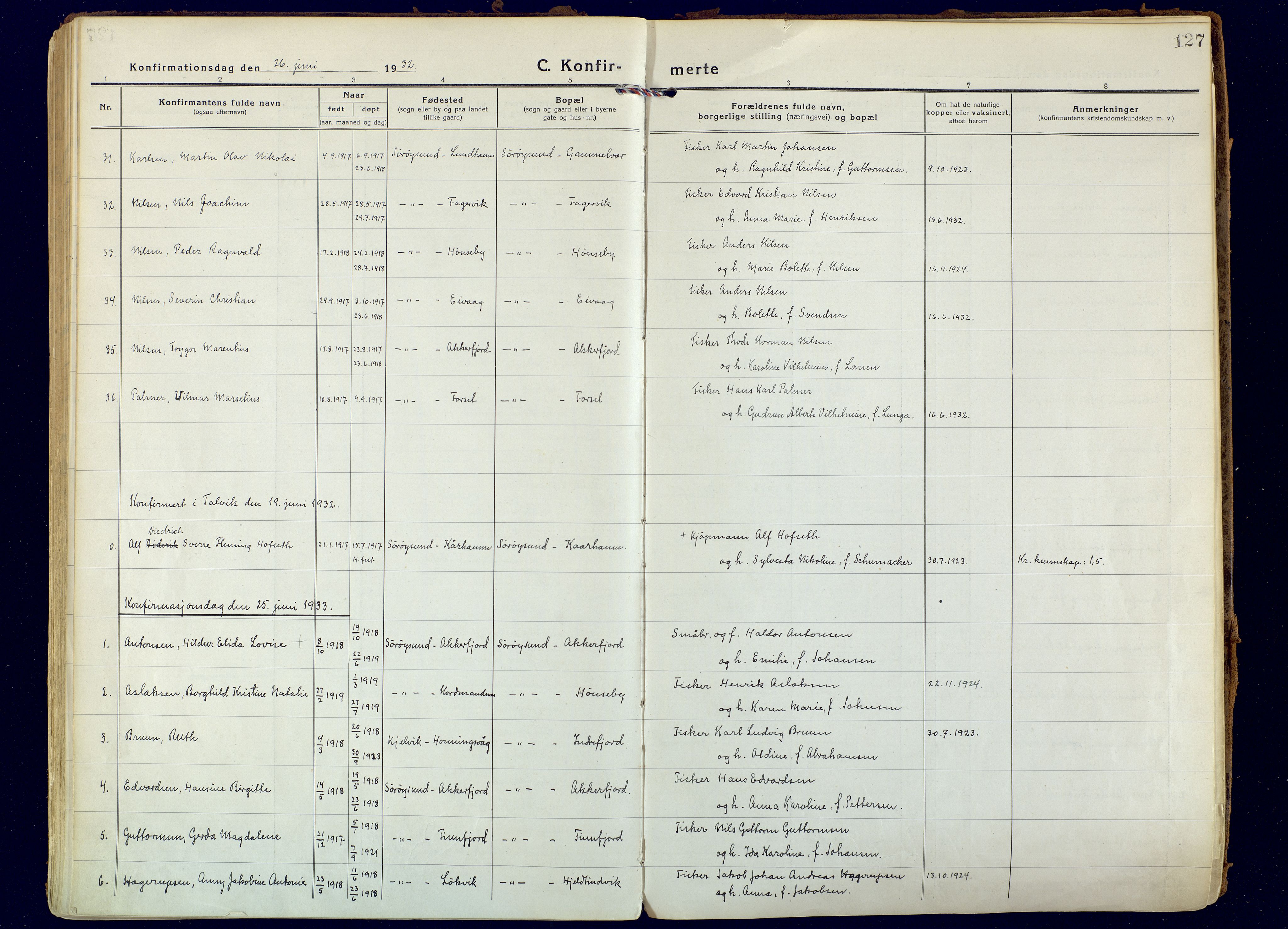 Hammerfest sokneprestkontor, AV/SATØ-S-1347/H/Ha/L0018.kirke: Parish register (official) no. 18, 1918-1933, p. 127