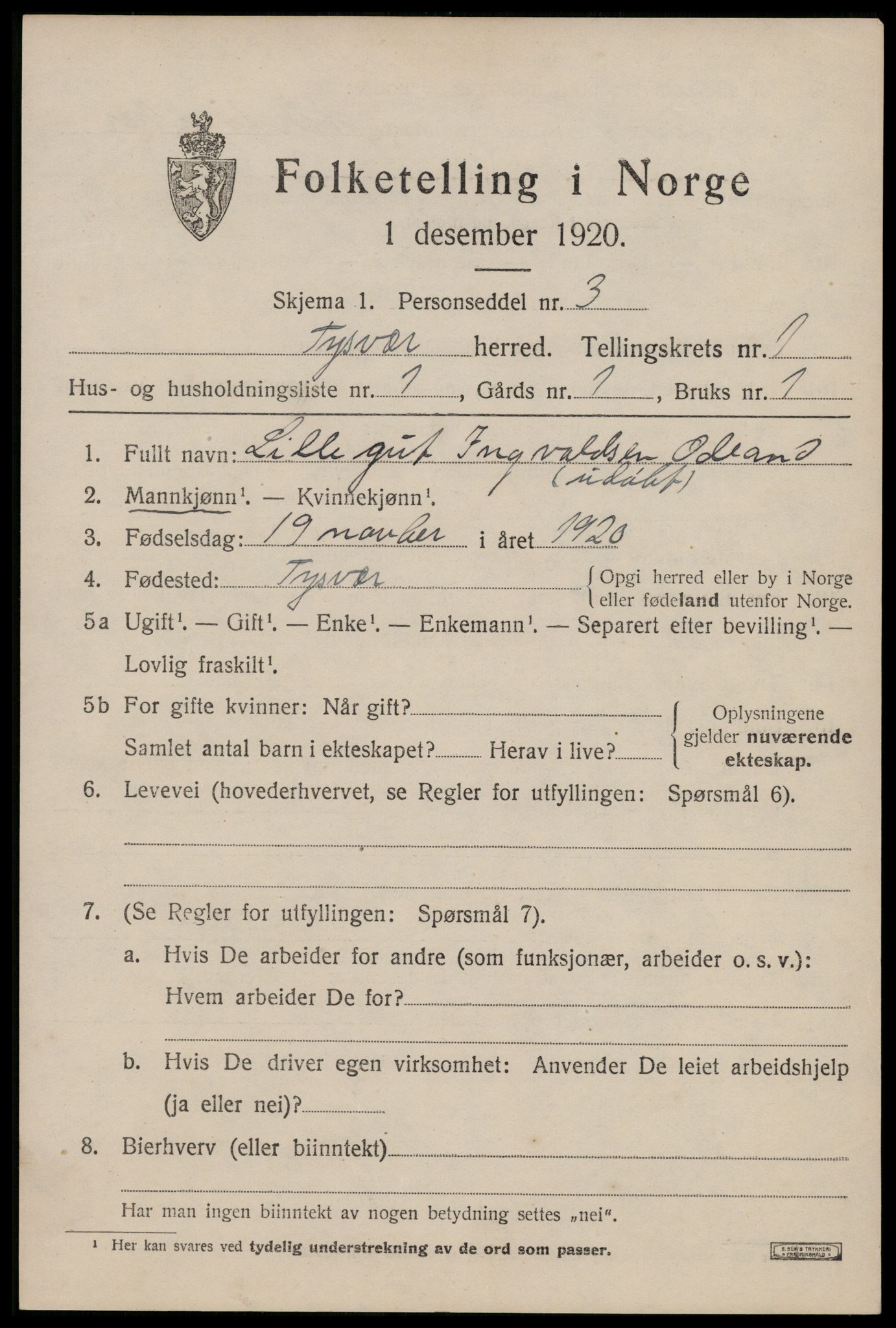 SAST, 1920 census for Tysvær, 1920, p. 846