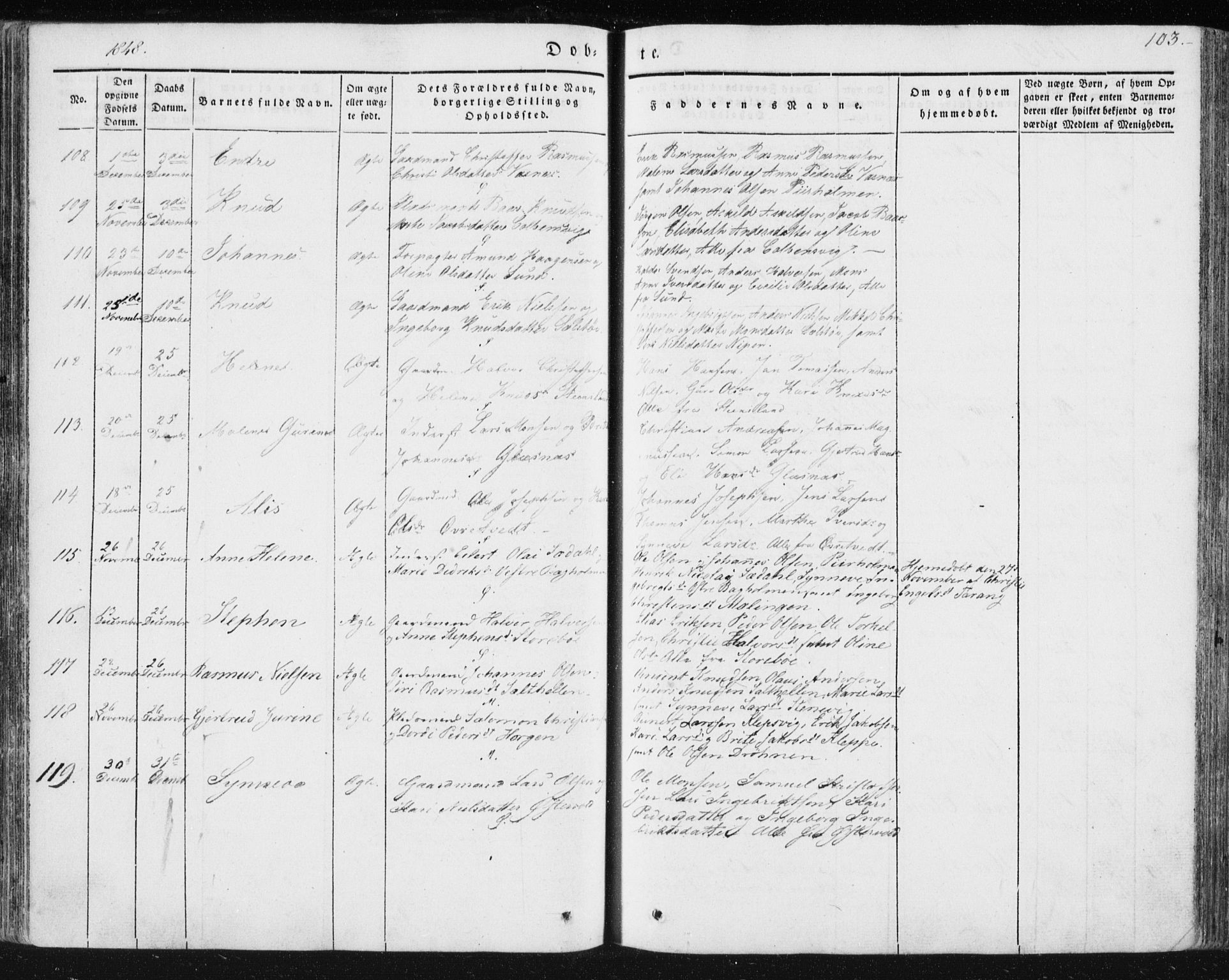 Sund sokneprestembete, AV/SAB-A-99930: Parish register (official) no. A 13, 1835-1849, p. 103