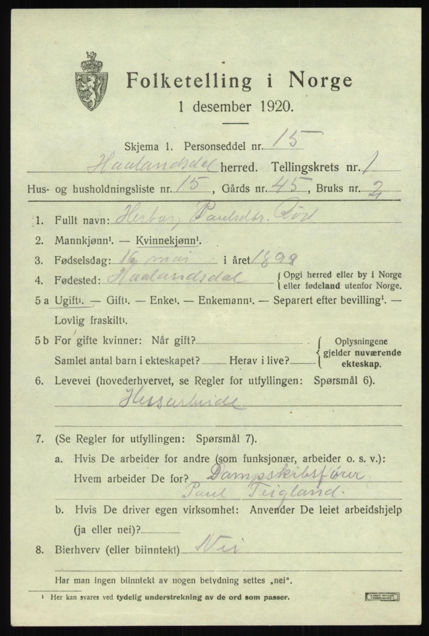 SAB, 1920 census for Hålandsdal, 1920, p. 466