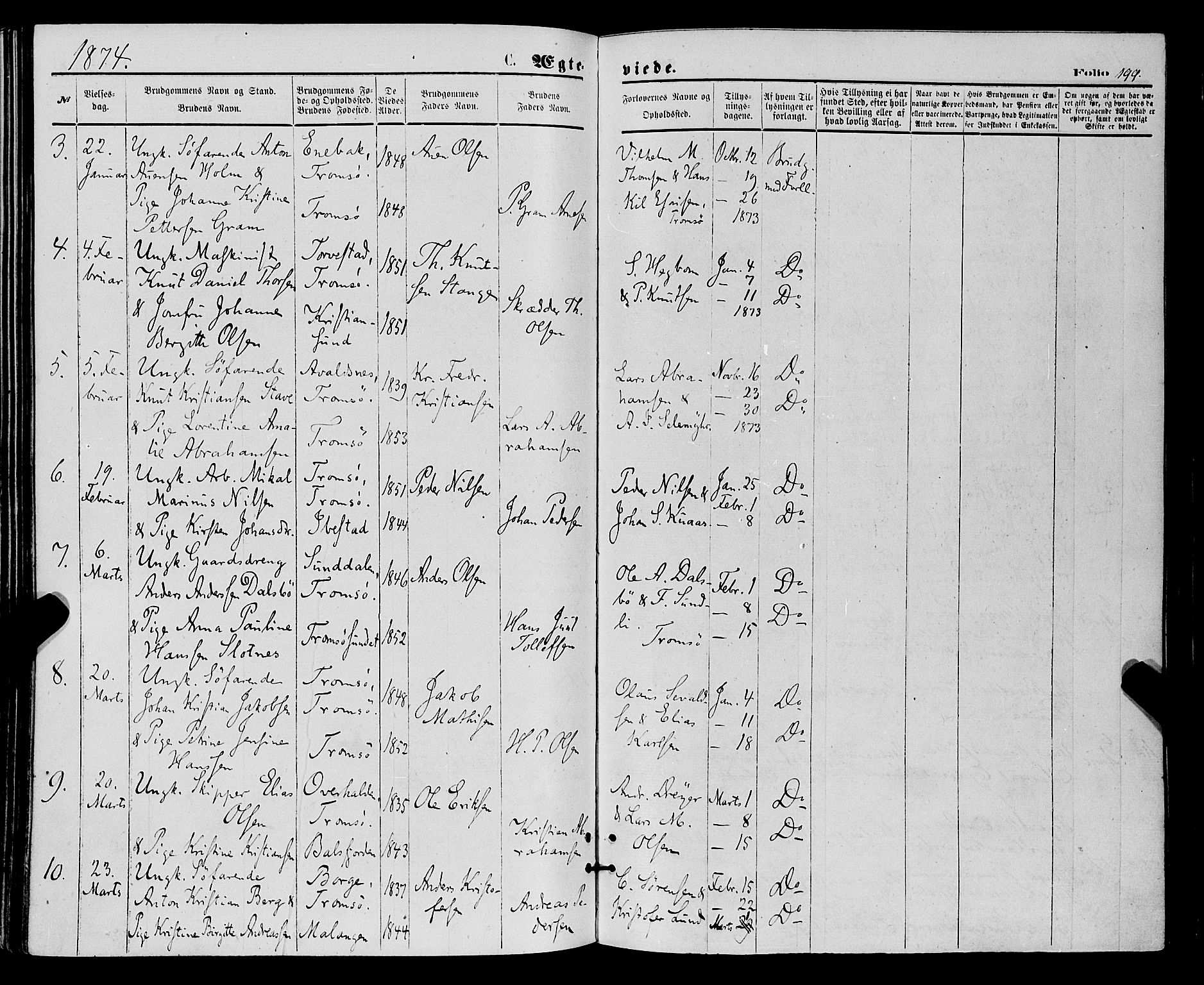 Tromsø sokneprestkontor/stiftsprosti/domprosti, AV/SATØ-S-1343/G/Ga/L0013kirke: Parish register (official) no. 13, 1872-1877, p. 199