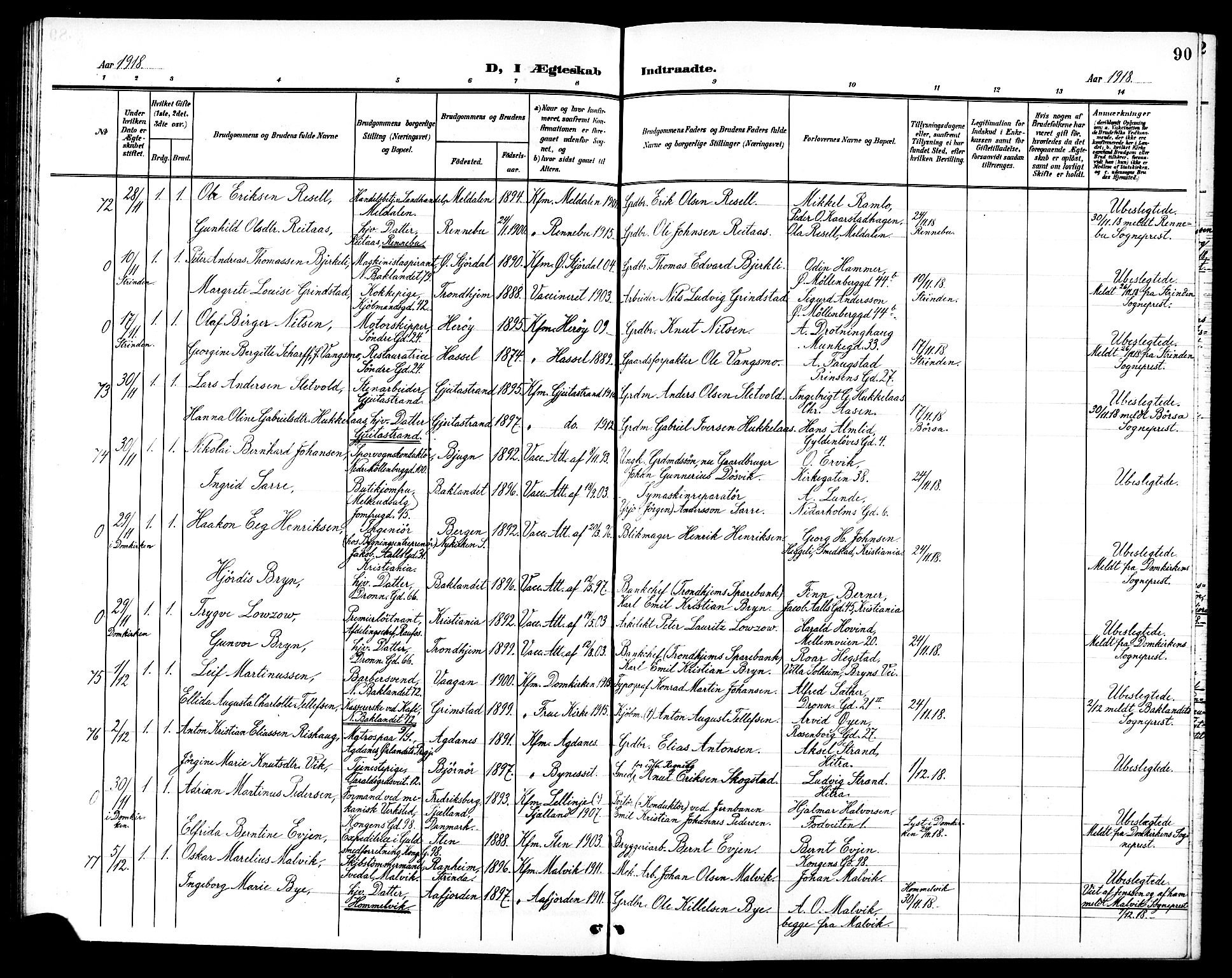 Ministerialprotokoller, klokkerbøker og fødselsregistre - Sør-Trøndelag, SAT/A-1456/602/L0145: Parish register (copy) no. 602C13, 1902-1919, p. 90