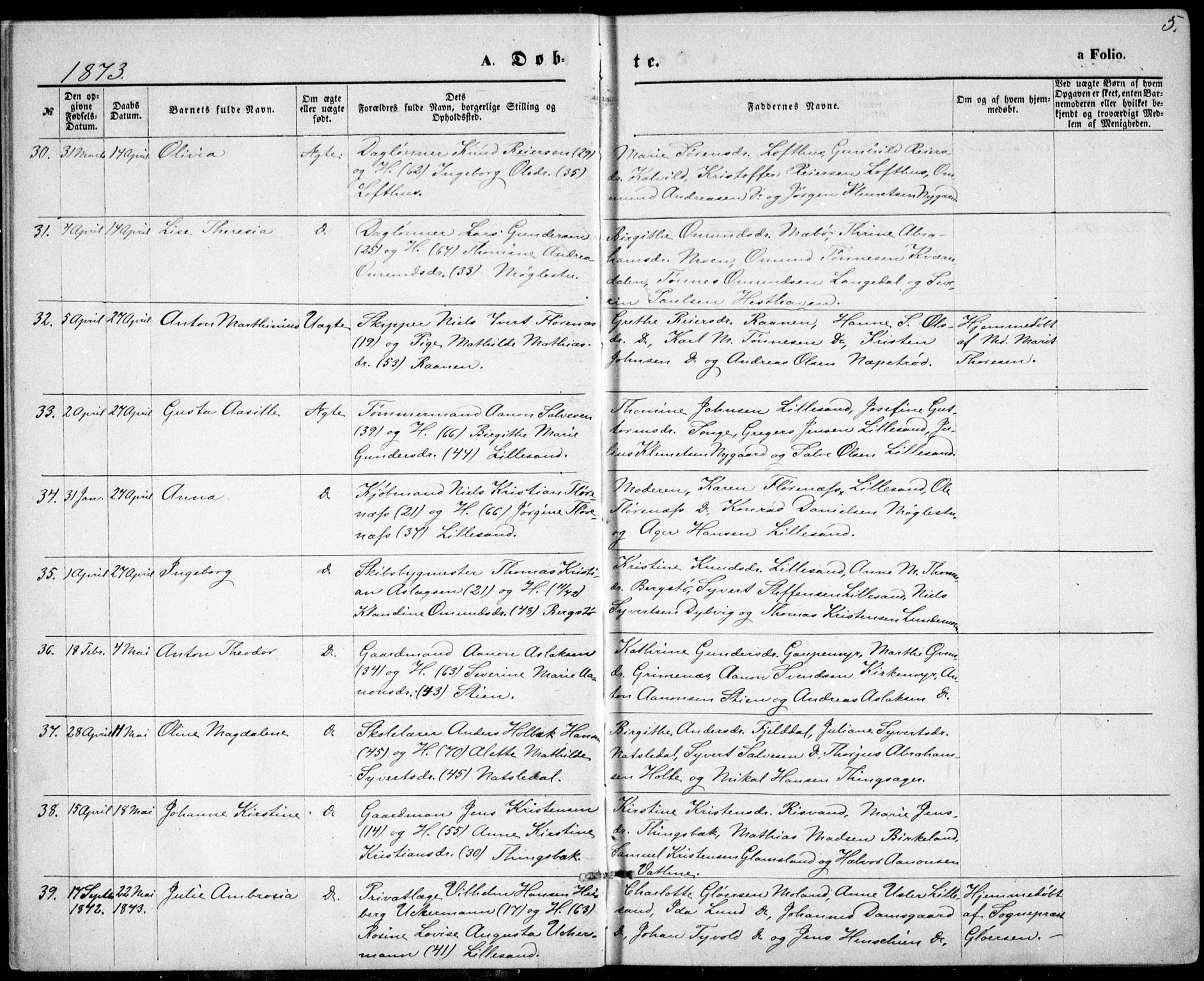 Vestre Moland sokneprestkontor, AV/SAK-1111-0046/F/Fb/Fbb/L0005: Parish register (copy) no. B 5, 1872-1883, p. 5