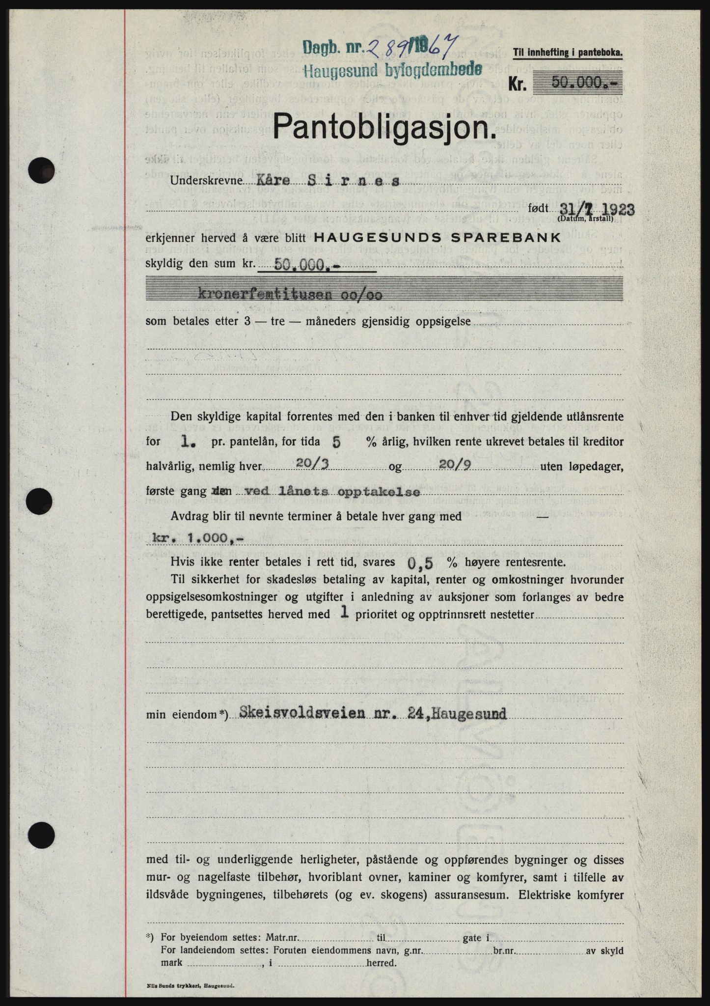 Haugesund tingrett, SAST/A-101415/01/II/IIC/L0056: Mortgage book no. B 56, 1966-1967, Diary no: : 289/1967