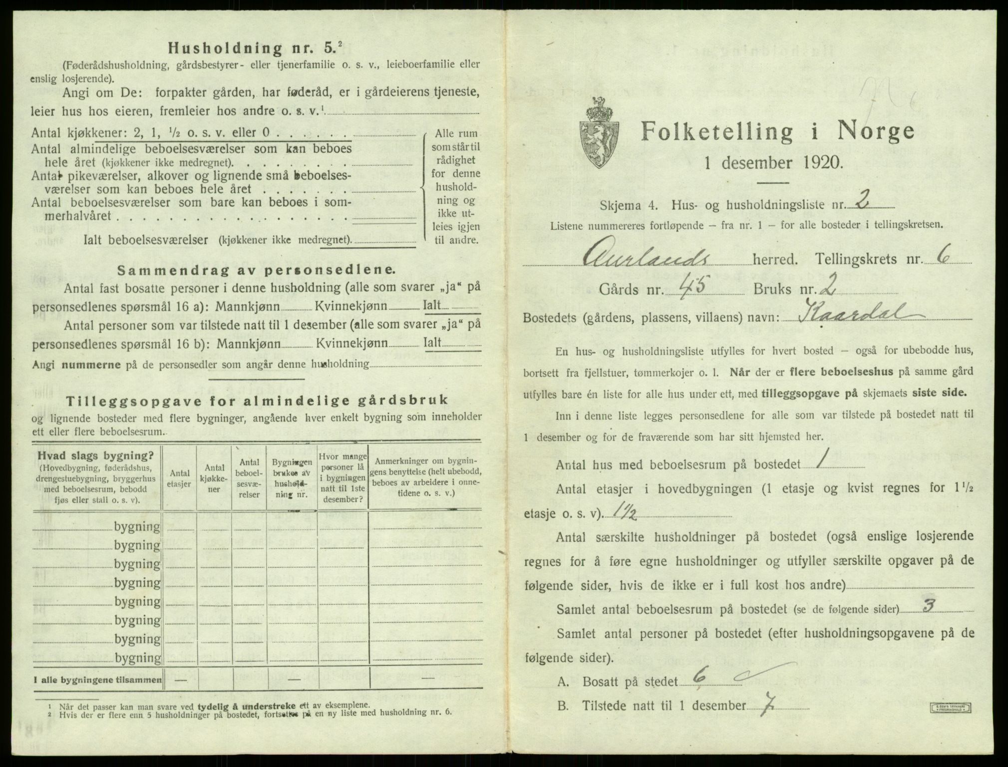 SAB, 1920 census for Aurland, 1920, p. 530