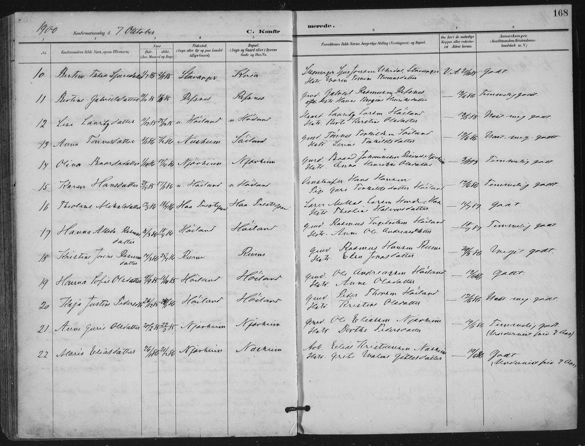 Hå sokneprestkontor, AV/SAST-A-101801/002/B/L0001: Parish register (official) no. A 11, 1897-1924, p. 168