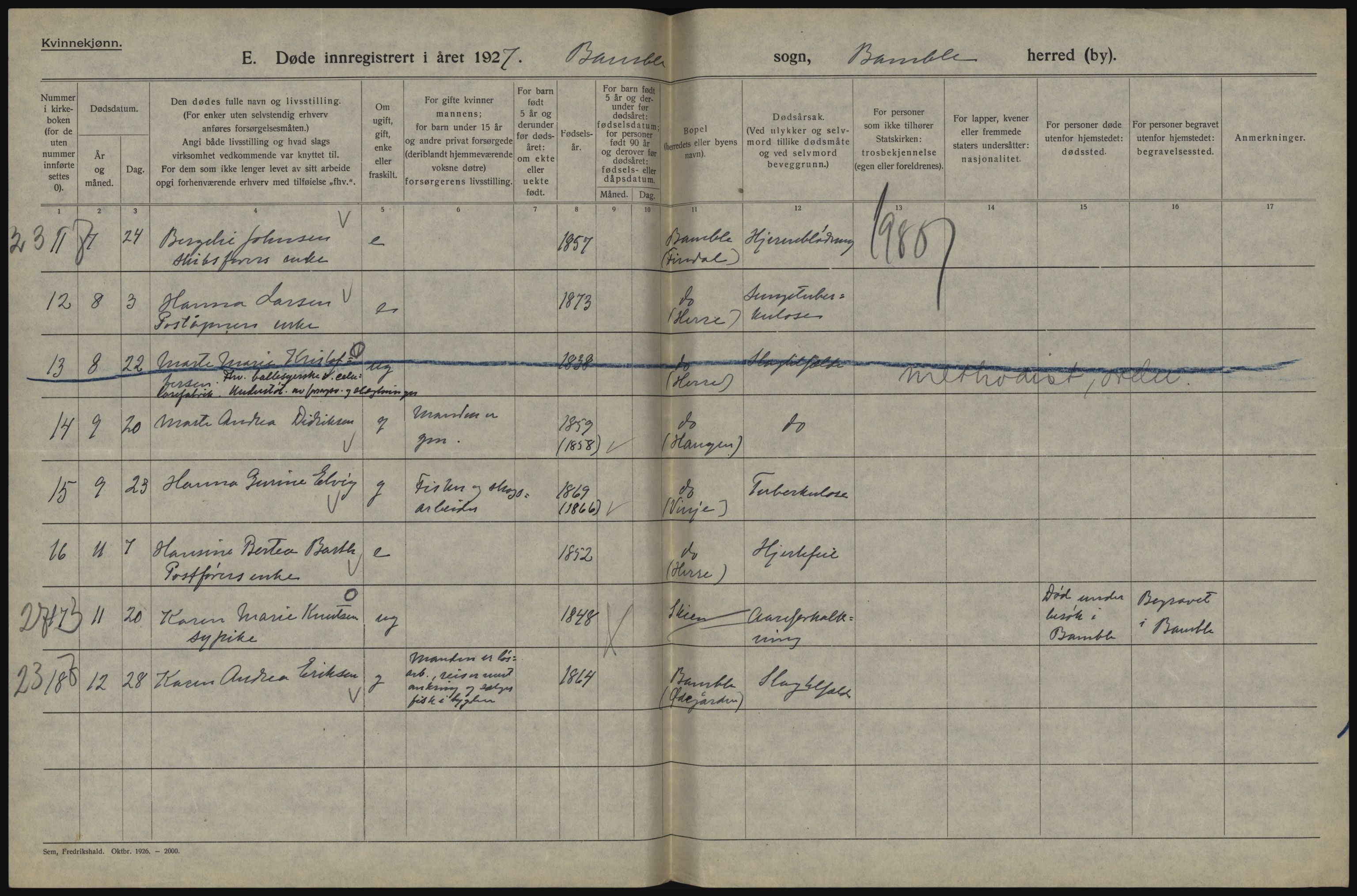 Statistisk sentralbyrå, Sosiodemografiske emner, Befolkning, AV/RA-S-2228/D/Df/Dfc/Dfcg/L0020: Telemark fylke: Gifte, døde. Bygder og byer., 1927, p. 474