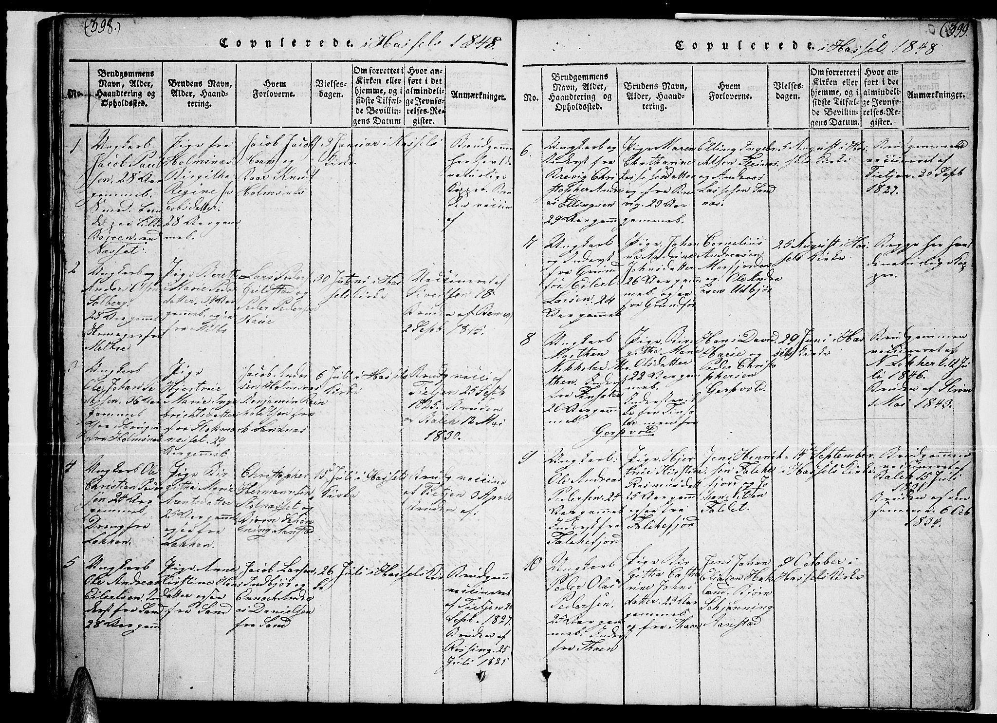 Ministerialprotokoller, klokkerbøker og fødselsregistre - Nordland, AV/SAT-A-1459/888/L1263: Parish register (copy) no. 888C02 /1, 1820-1850, p. 398-399