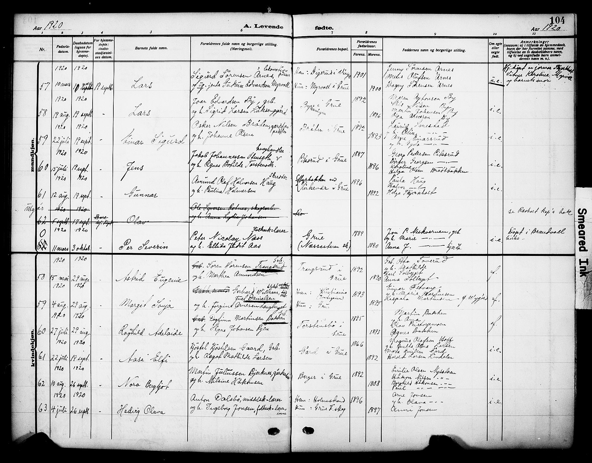 Grue prestekontor, AV/SAH-PREST-036/H/Ha/Haa/L0015: Parish register (official) no. 15, 1911-1922, p. 104