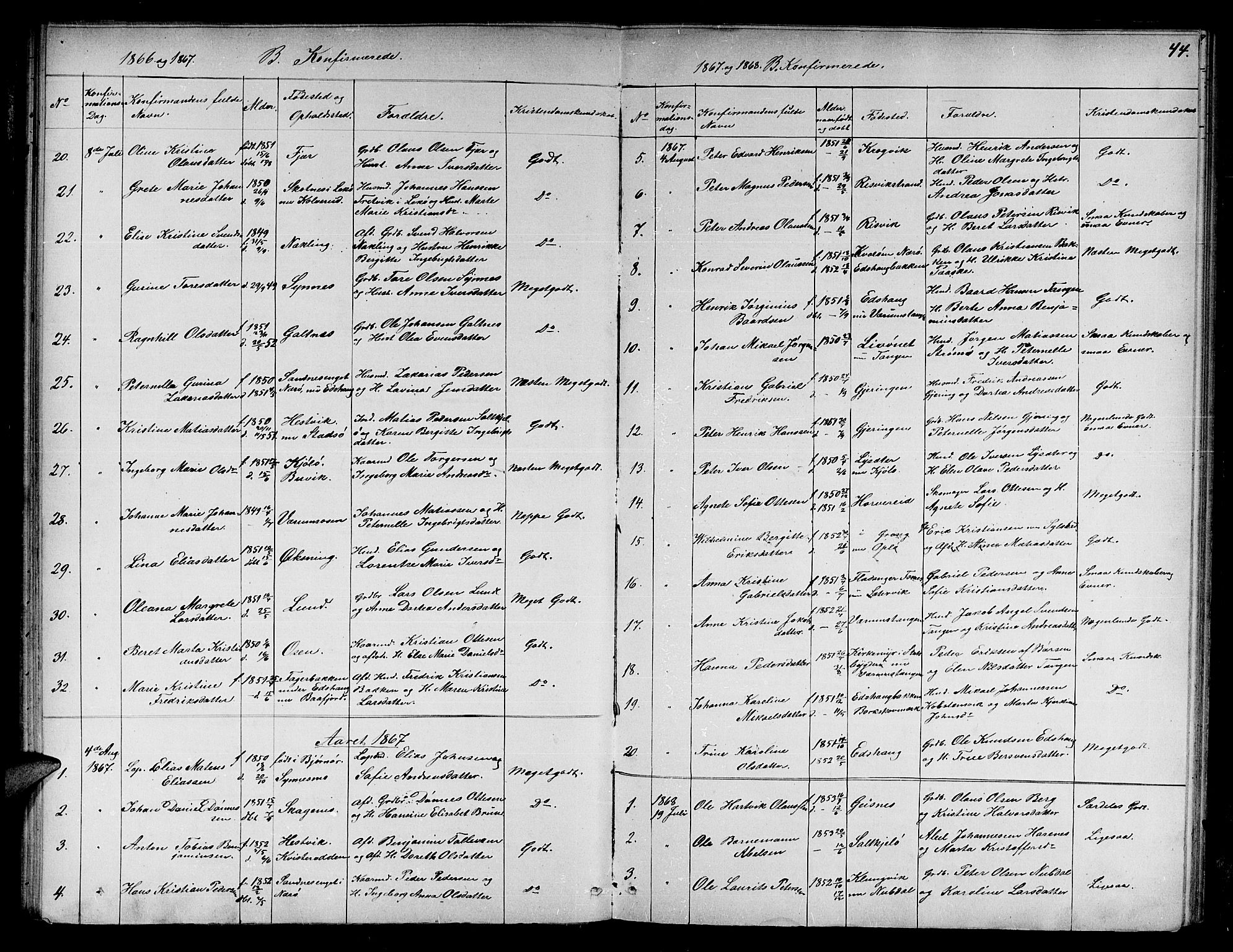 Ministerialprotokoller, klokkerbøker og fødselsregistre - Nord-Trøndelag, SAT/A-1458/780/L0650: Parish register (copy) no. 780C02, 1866-1884, p. 44