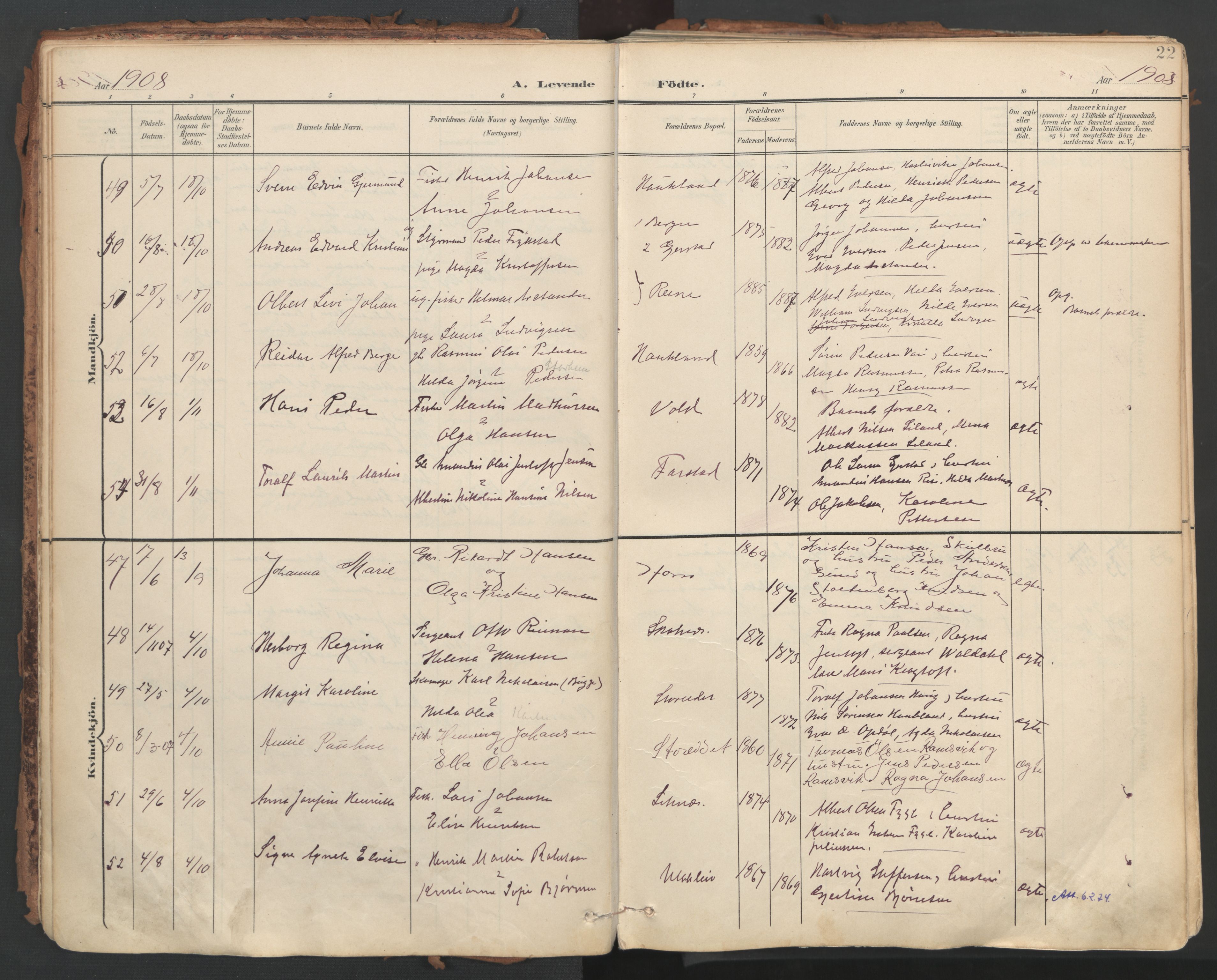 Ministerialprotokoller, klokkerbøker og fødselsregistre - Nordland, AV/SAT-A-1459/881/L1154: Parish register (official) no. 881A07, 1907-1918, p. 22