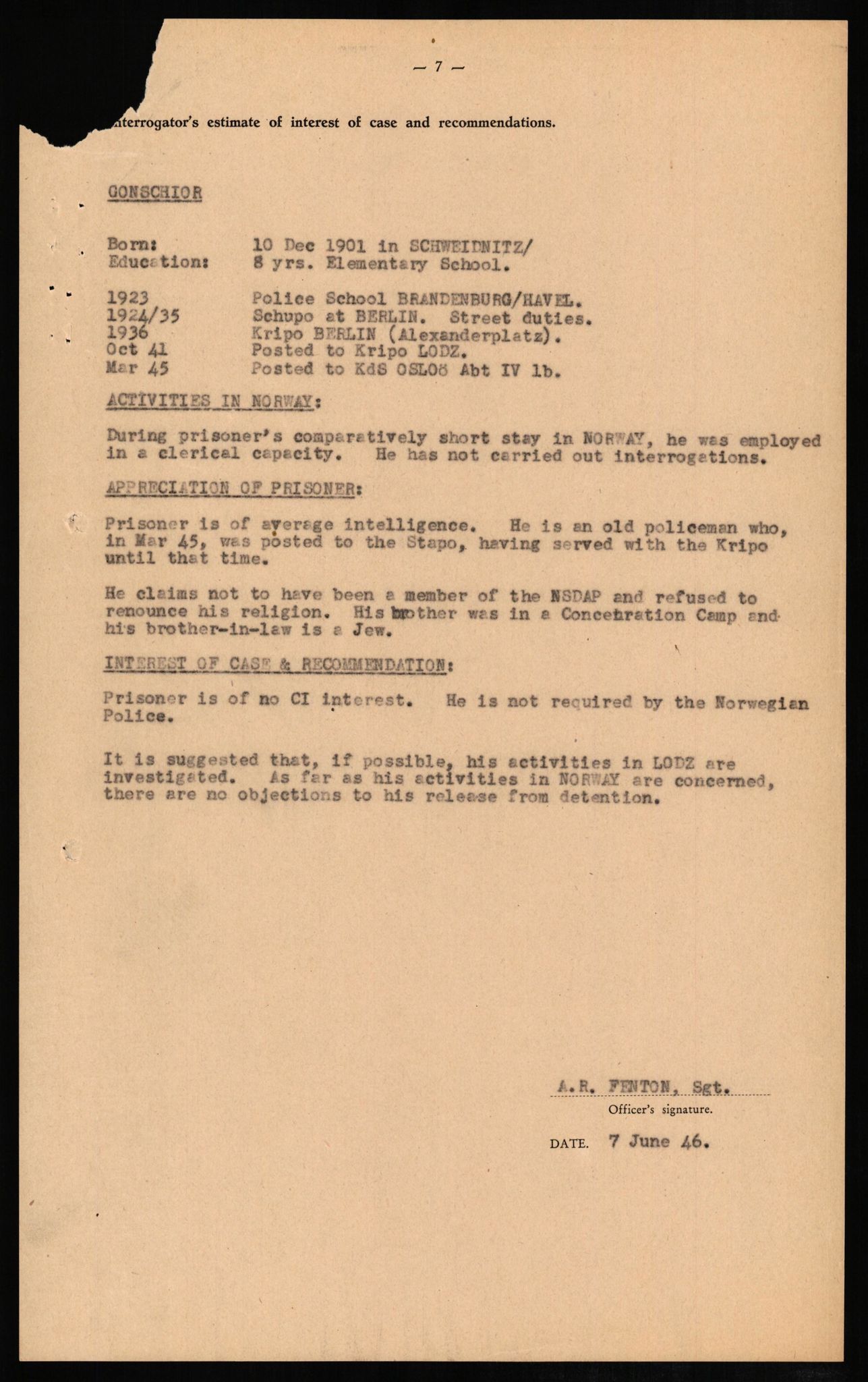 Forsvaret, Forsvarets overkommando II, AV/RA-RAFA-3915/D/Db/L0010: CI Questionaires. Tyske okkupasjonsstyrker i Norge. Tyskere., 1945-1946, p. 95