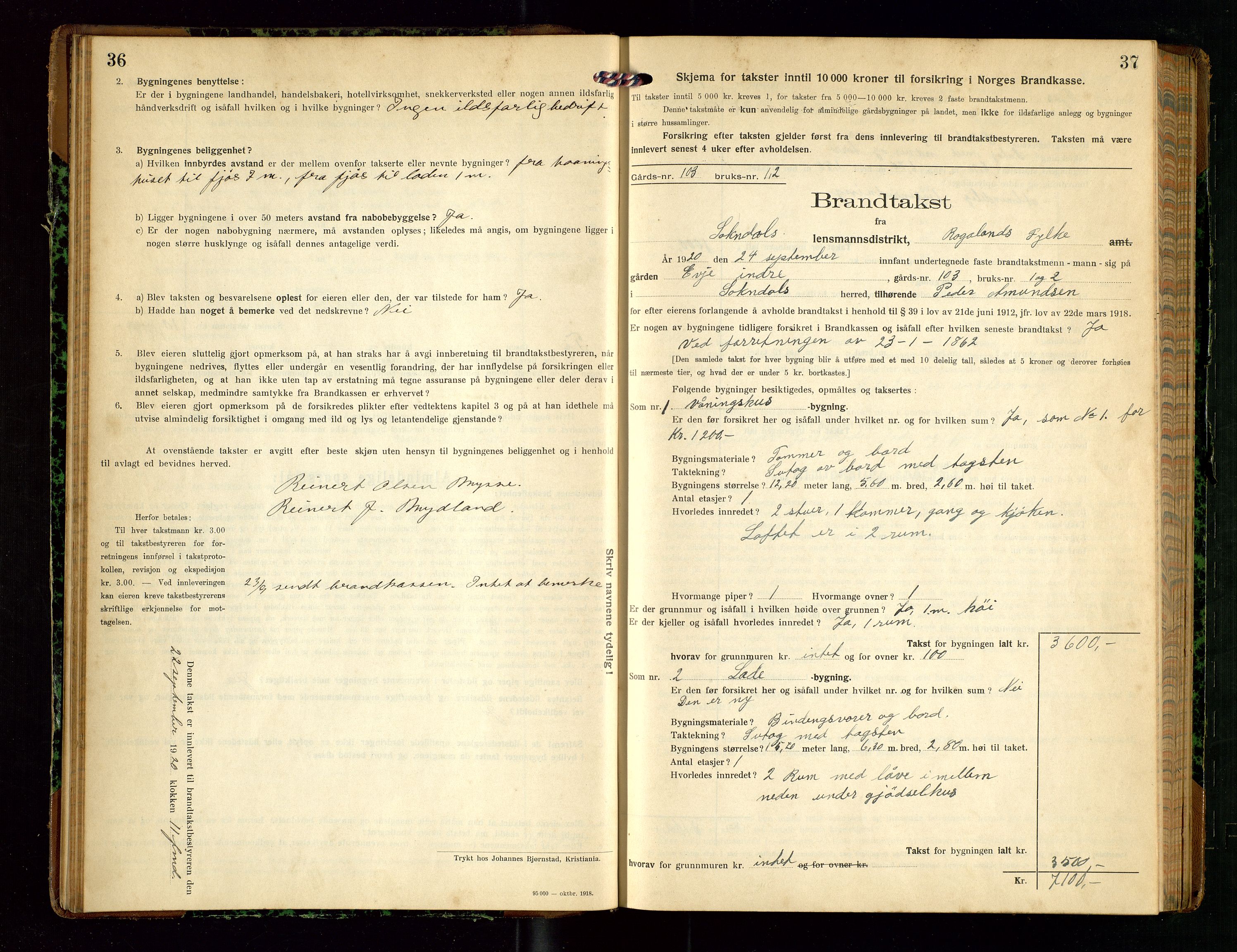 Sokndal lensmannskontor, AV/SAST-A-100417/Gob/L0005: "Brandtakst-Protokol", 1920-1924, p. 36-37