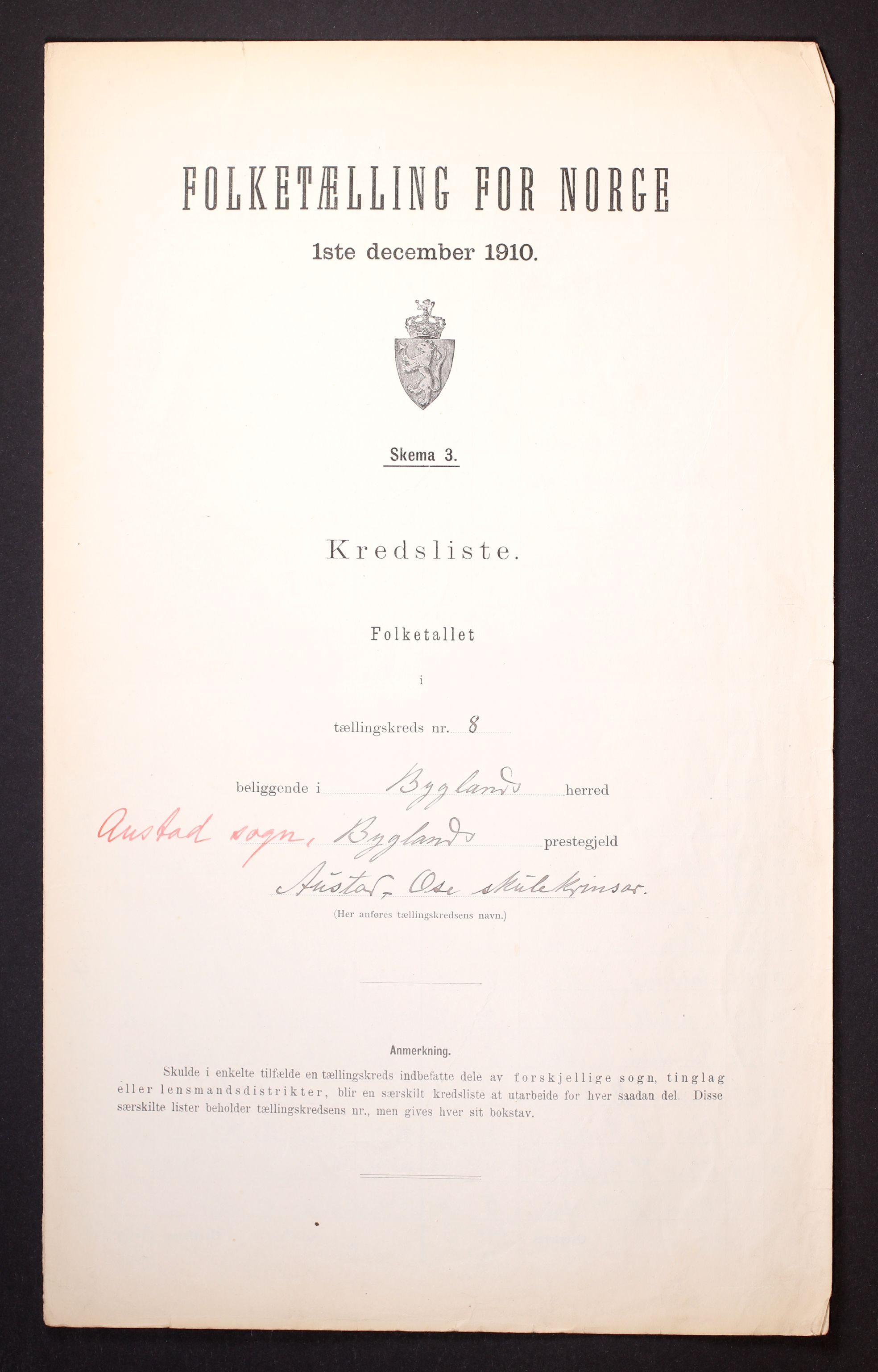 RA, 1910 census for Bygland, 1910, p. 31
