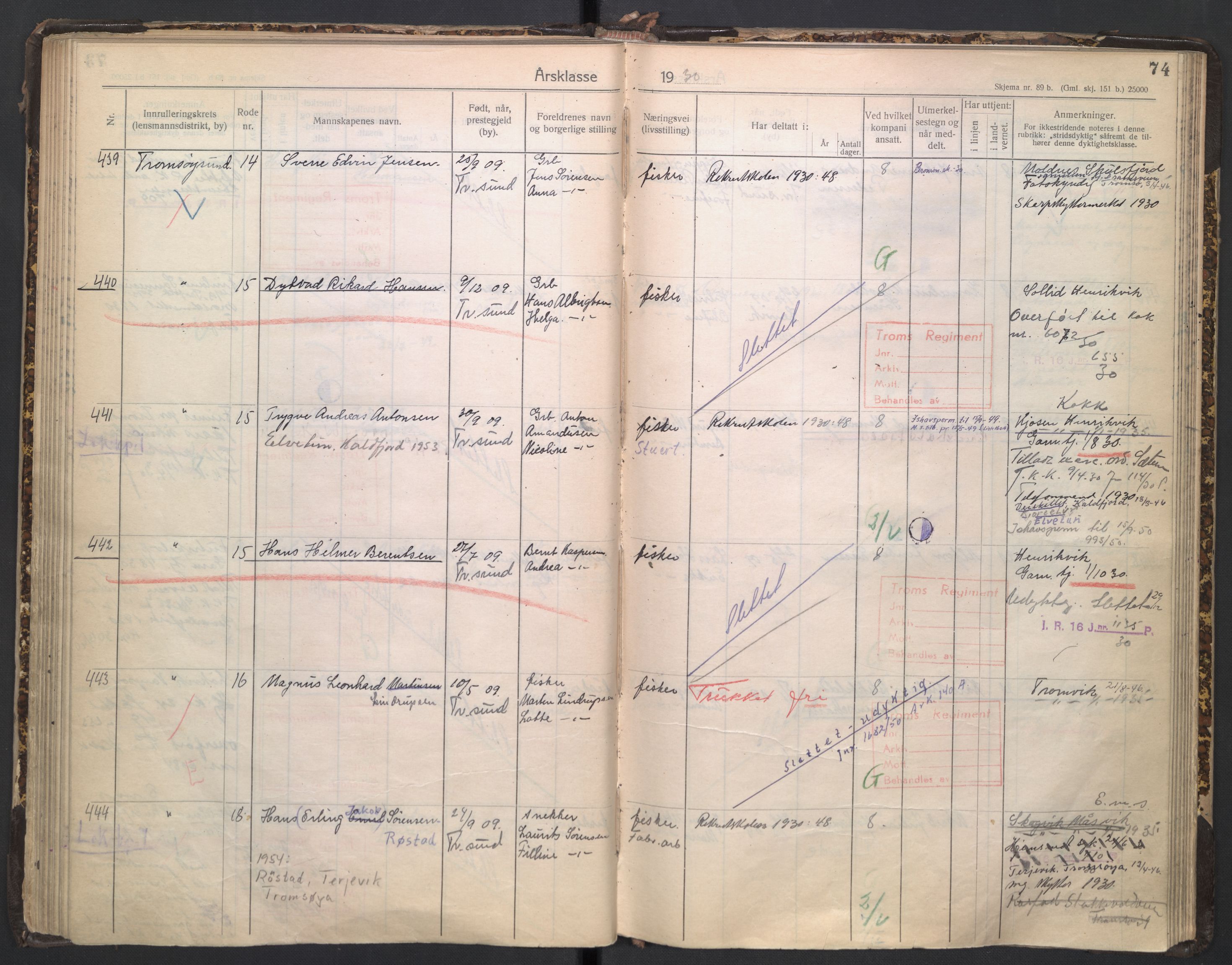 Forsvaret, Troms infanteriregiment nr. 16, AV/RA-RAFA-3146/P/Pa/L0005/0003: Ruller / Rulle for regimentets stridende menige mannskaper, årsklasse 1930, 1930, p. 74