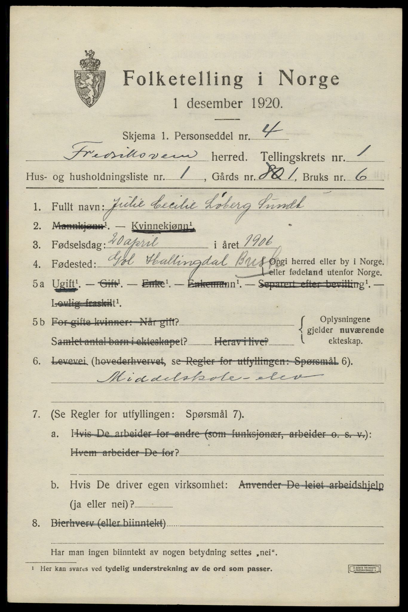 SAKO, 1920 census for Fredriksvern, 1920, p. 383