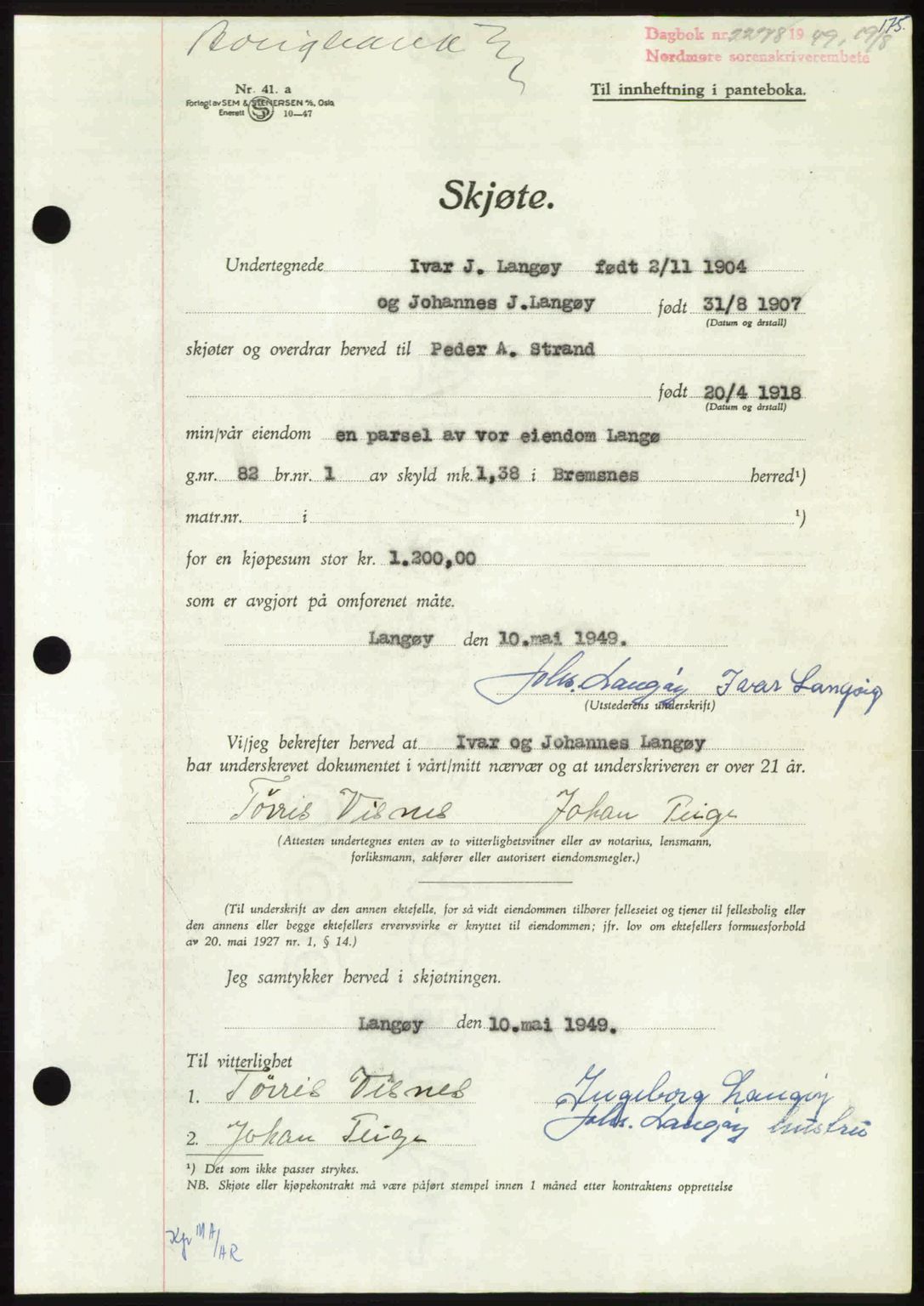 Nordmøre sorenskriveri, AV/SAT-A-4132/1/2/2Ca: Mortgage book no. A112, 1949-1949, Diary no: : 2278/1949