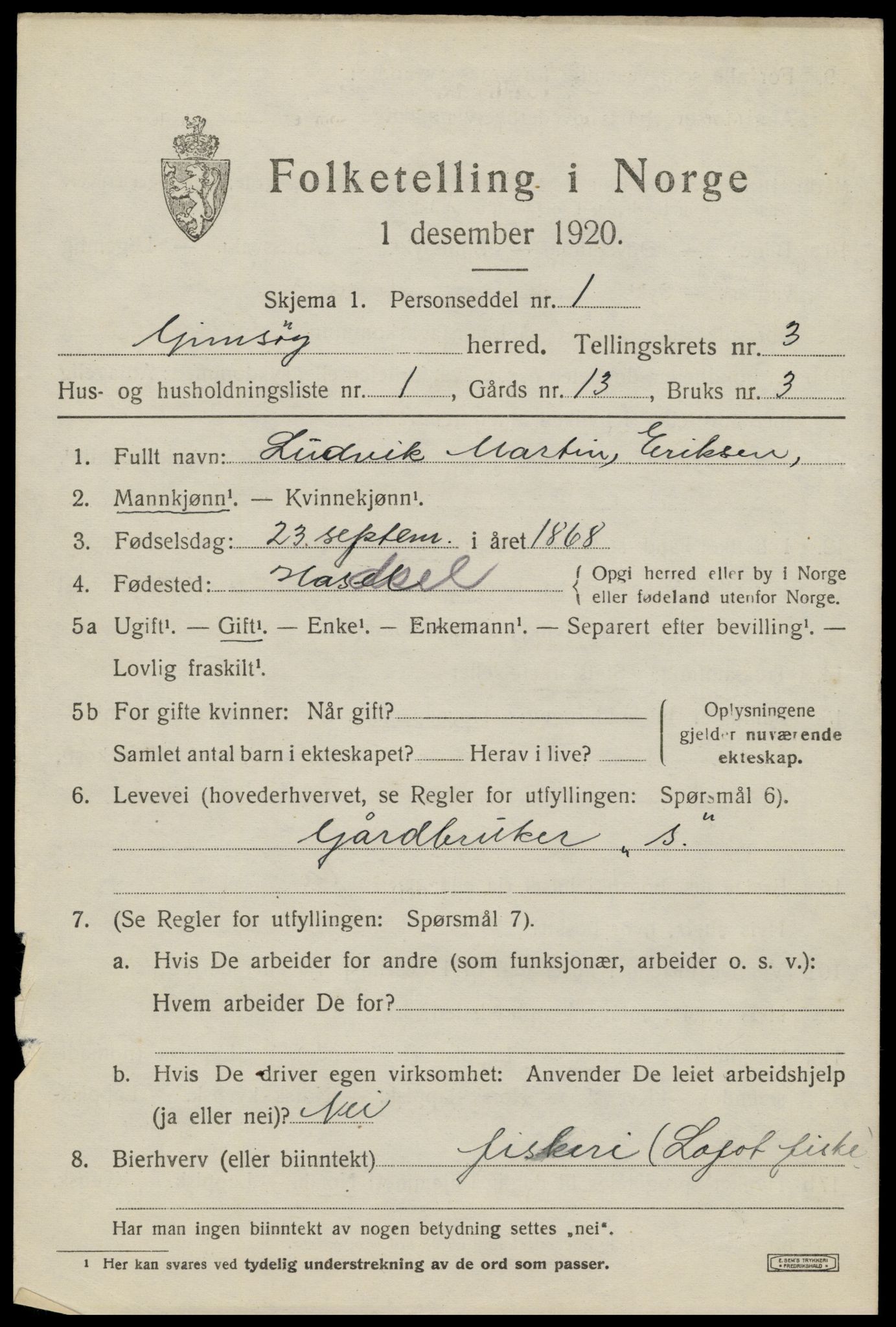 SAT, 1920 census for Gimsøy, 1920, p. 1651