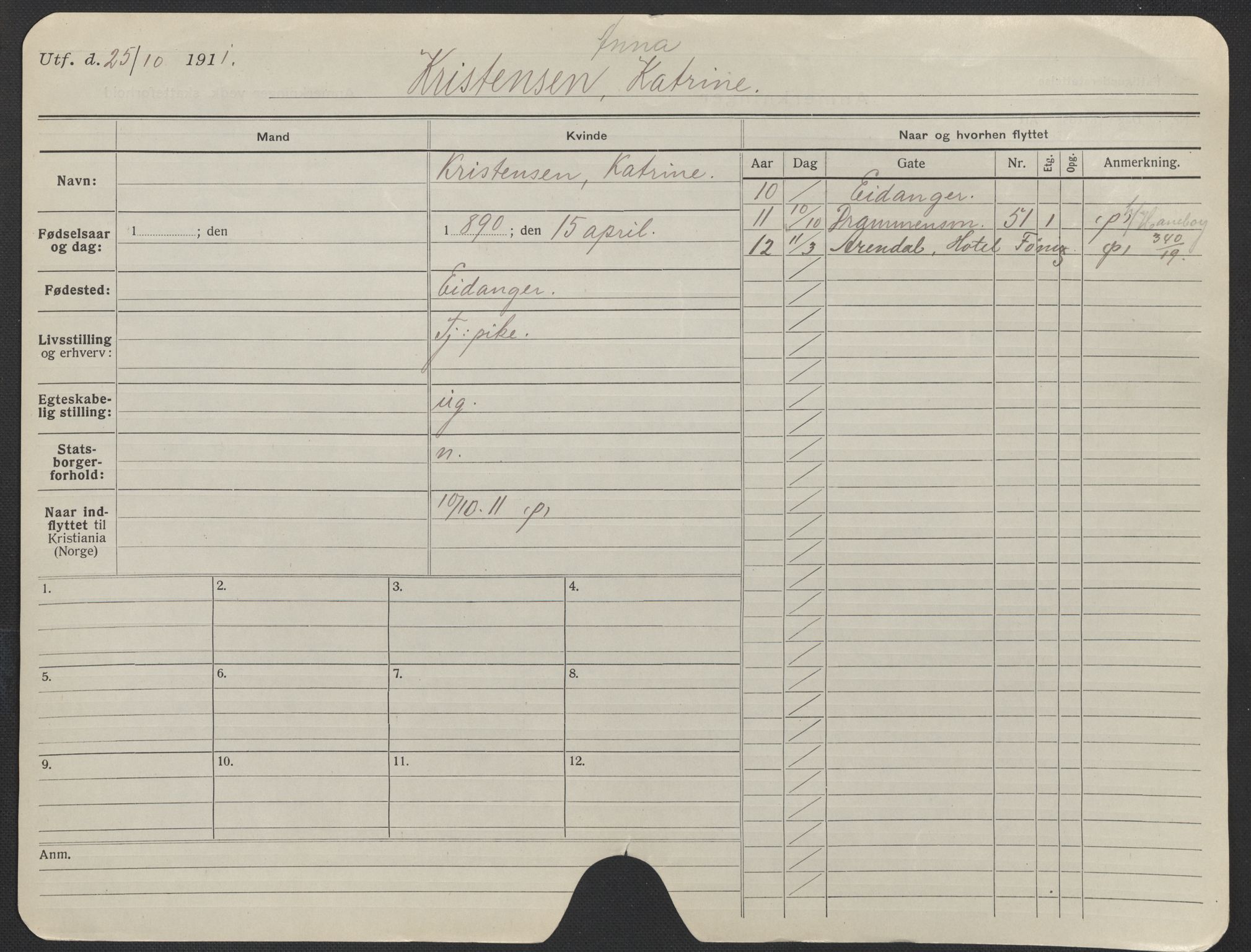 Oslo folkeregister, Registerkort, AV/SAO-A-11715/F/Fa/Fac/L0019: Kvinner, 1906-1914, p. 155a